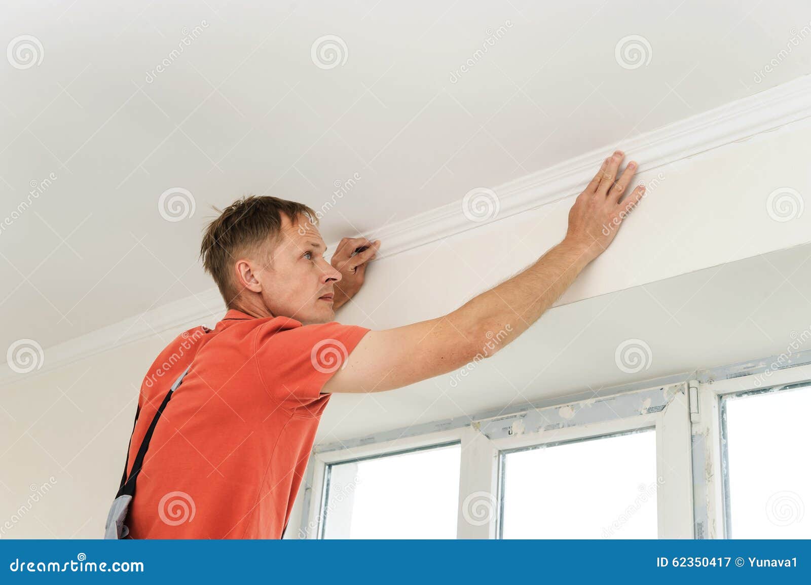 Installation Of Ceiling Moldings Stock Image Image Of
