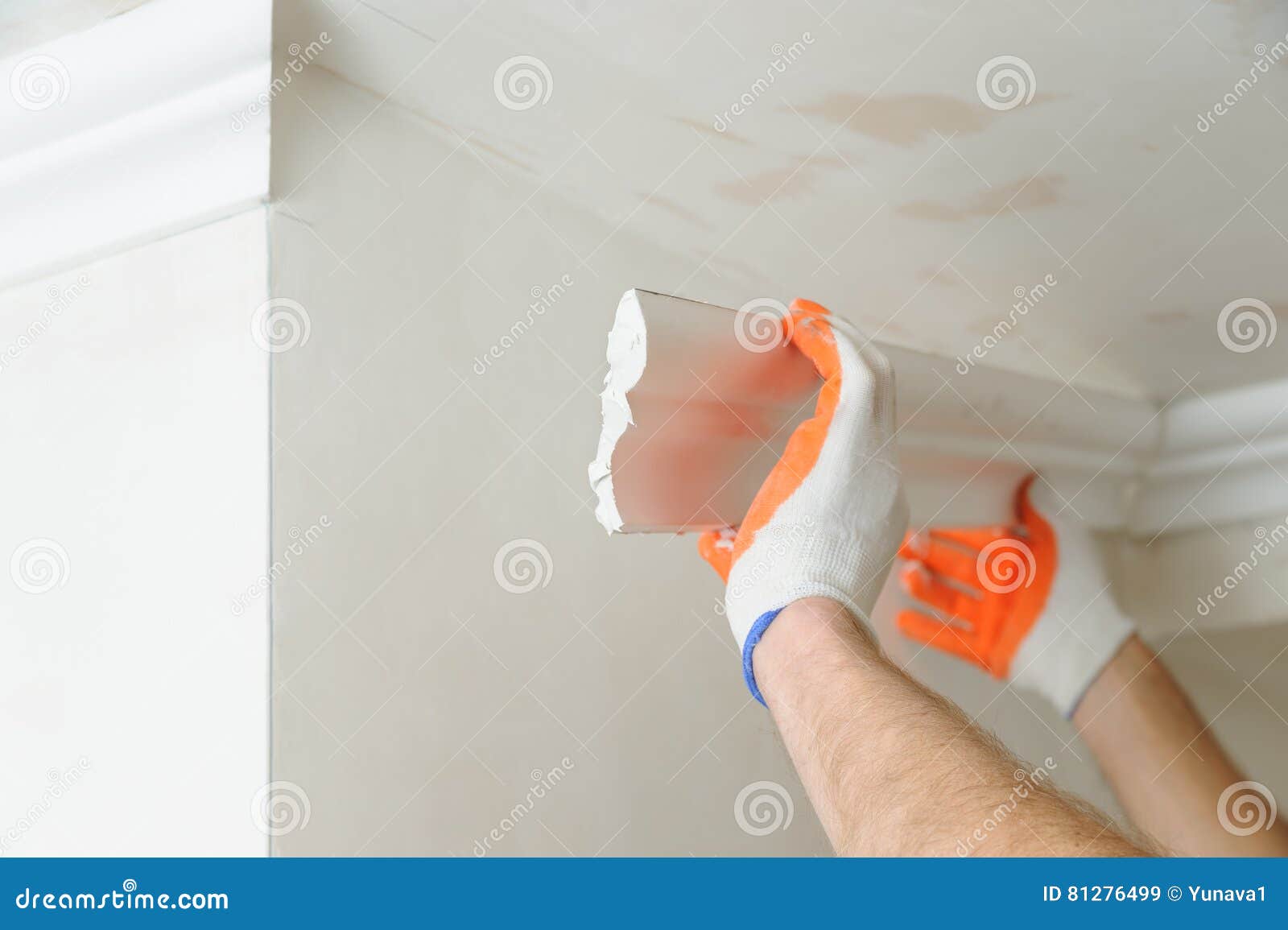 Installation Of Ceiling Moldings Stock Image Image Of