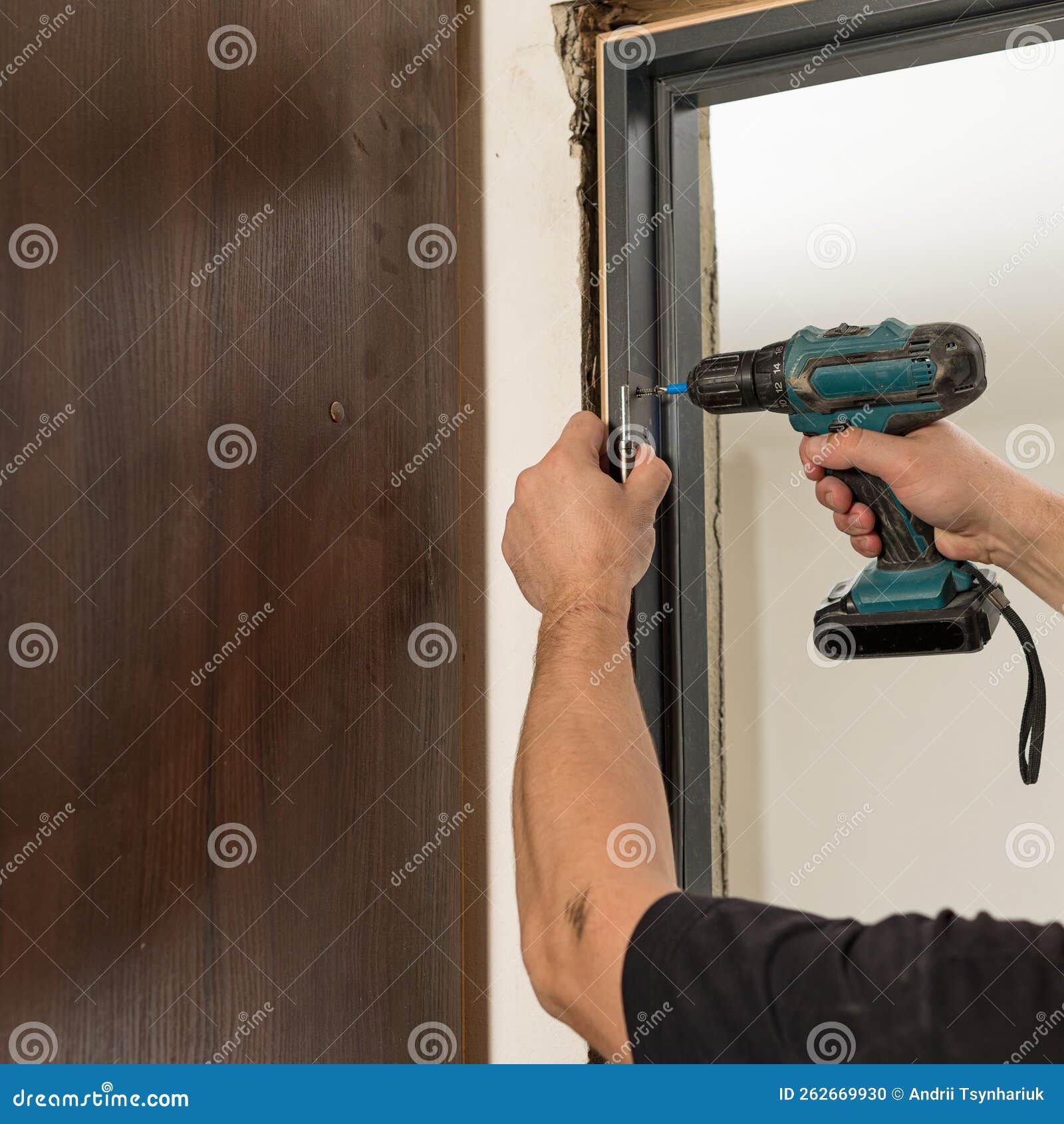 Installation of Door Hinges, Installation of Interior Doors Stock Photo