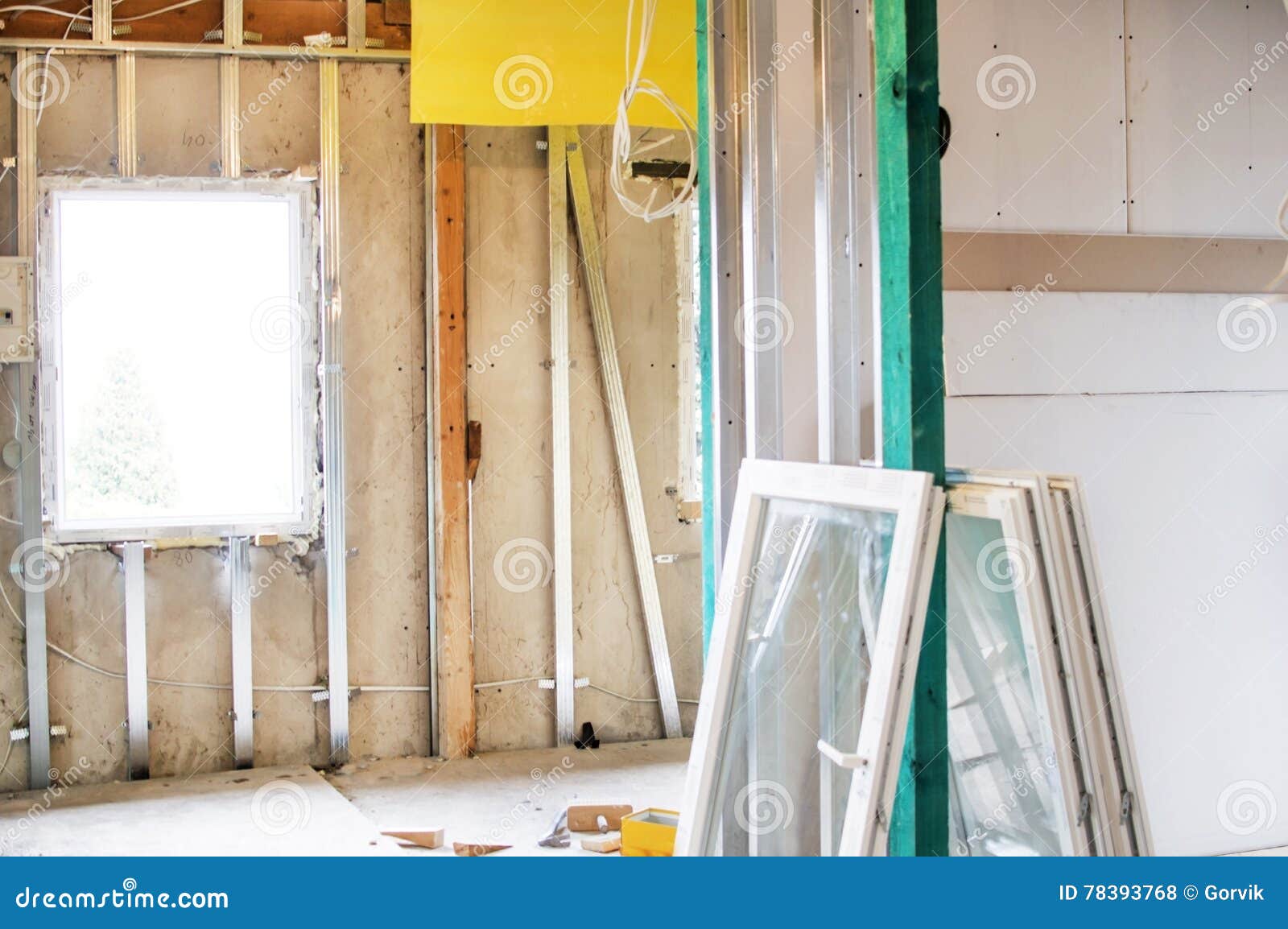 Installation of Drywall Constructions and Their Insulation Stock Photo