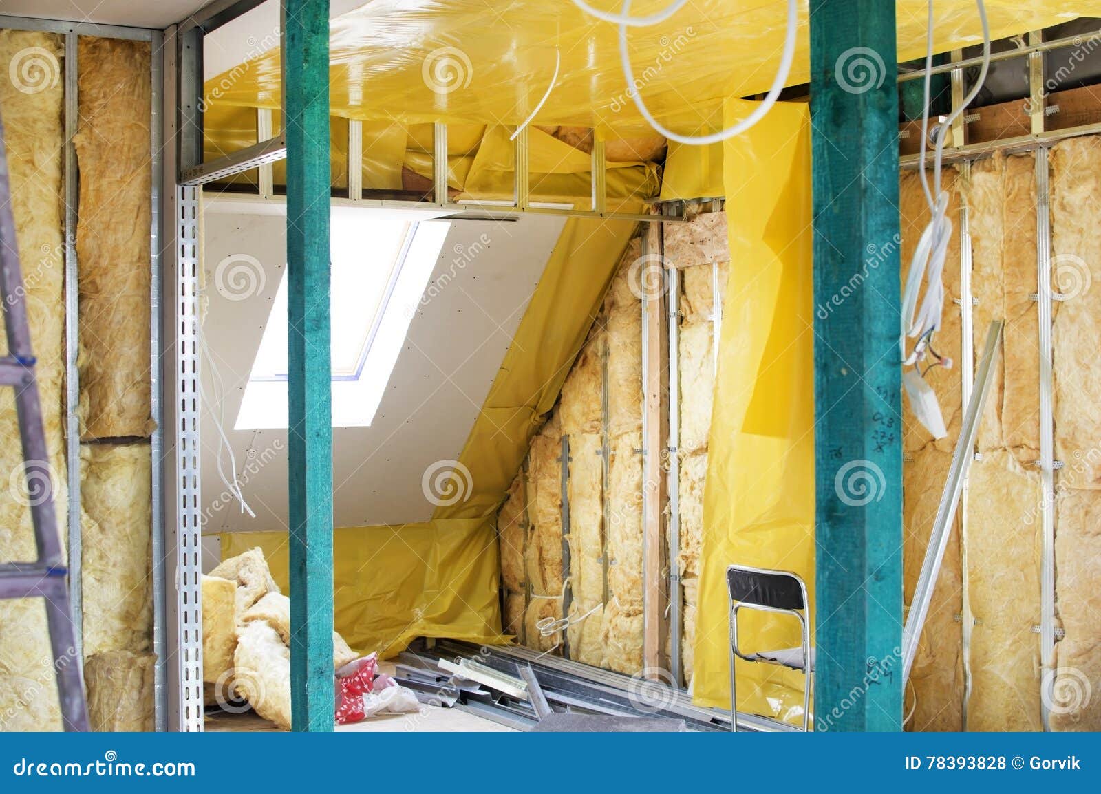 Installation of Drywall Constructions and Their Insulation Stock Photo