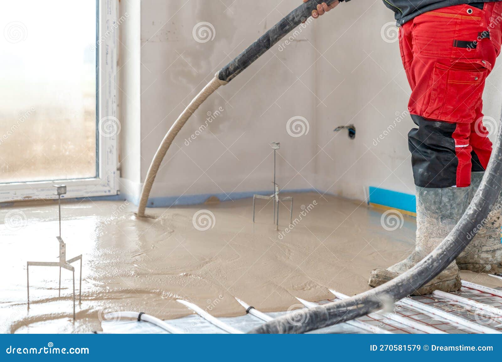 Installation of Liquid Concrete on the Floor for Underfloor Heating Stock Image Image of mixer