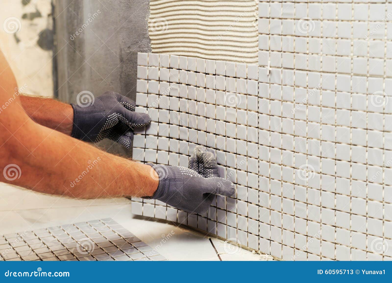 Installation of Mosaic Tiles. Stock Image Image of flat, glue 60595713