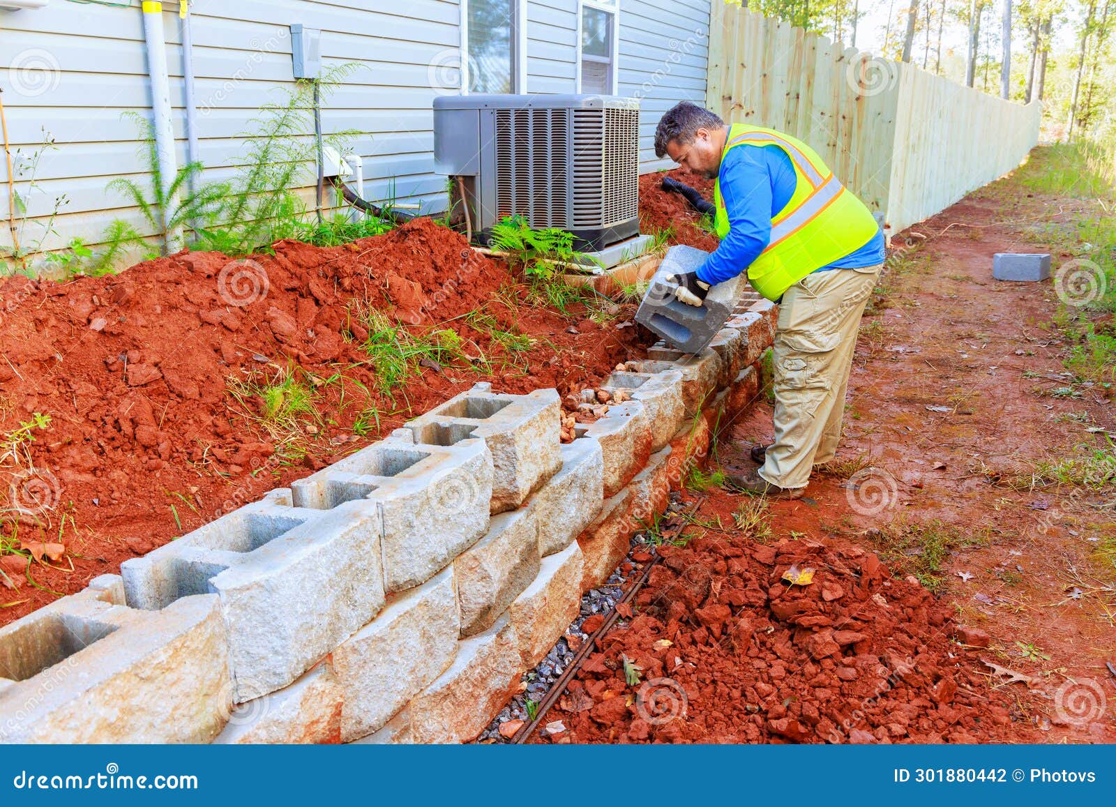 During Installation of a New Large Block Retaining Wall Contractor Was Installing New Wall on