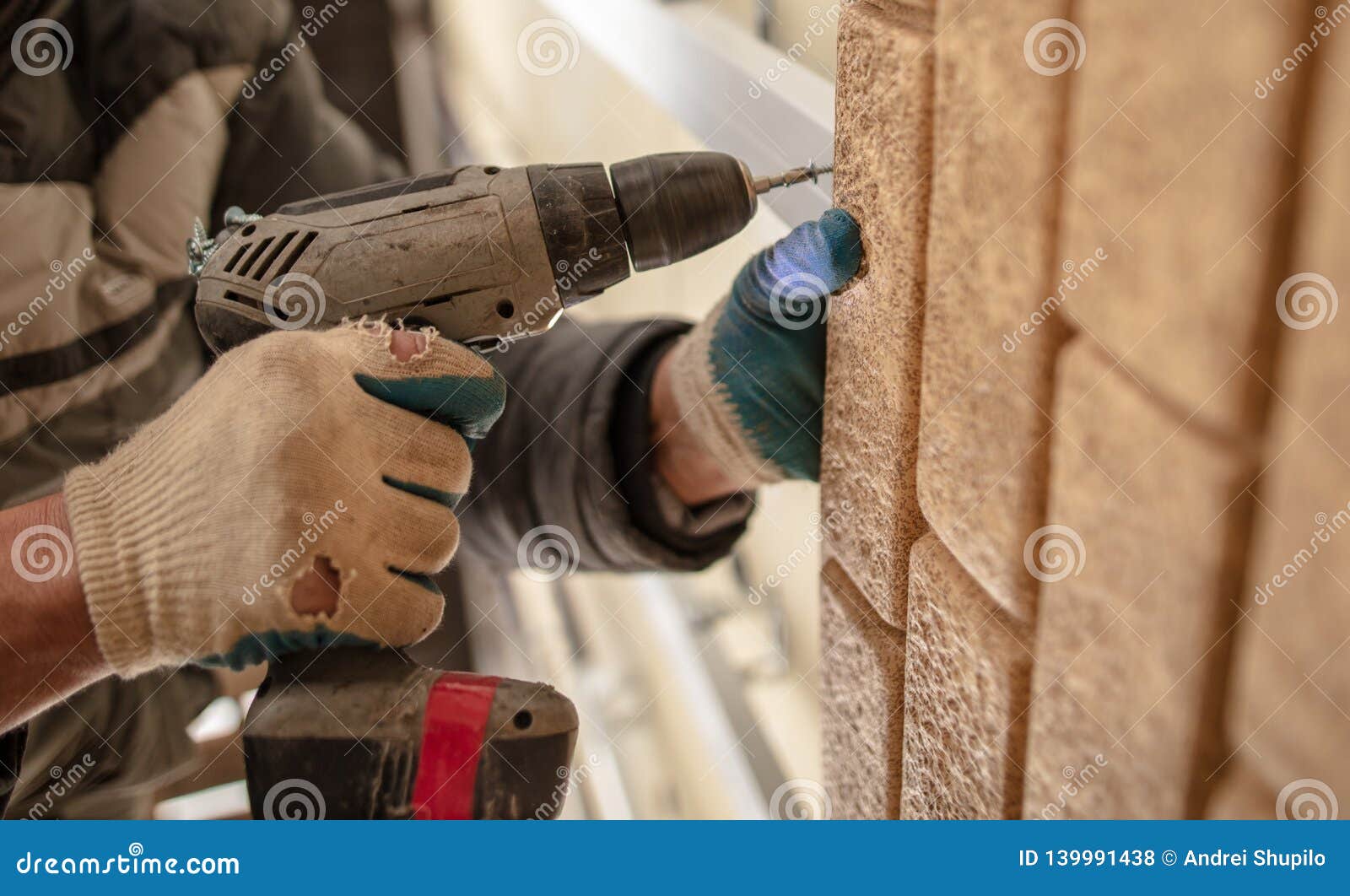 Installation of Plastic Siding Under the Brick Stock Photo Image of