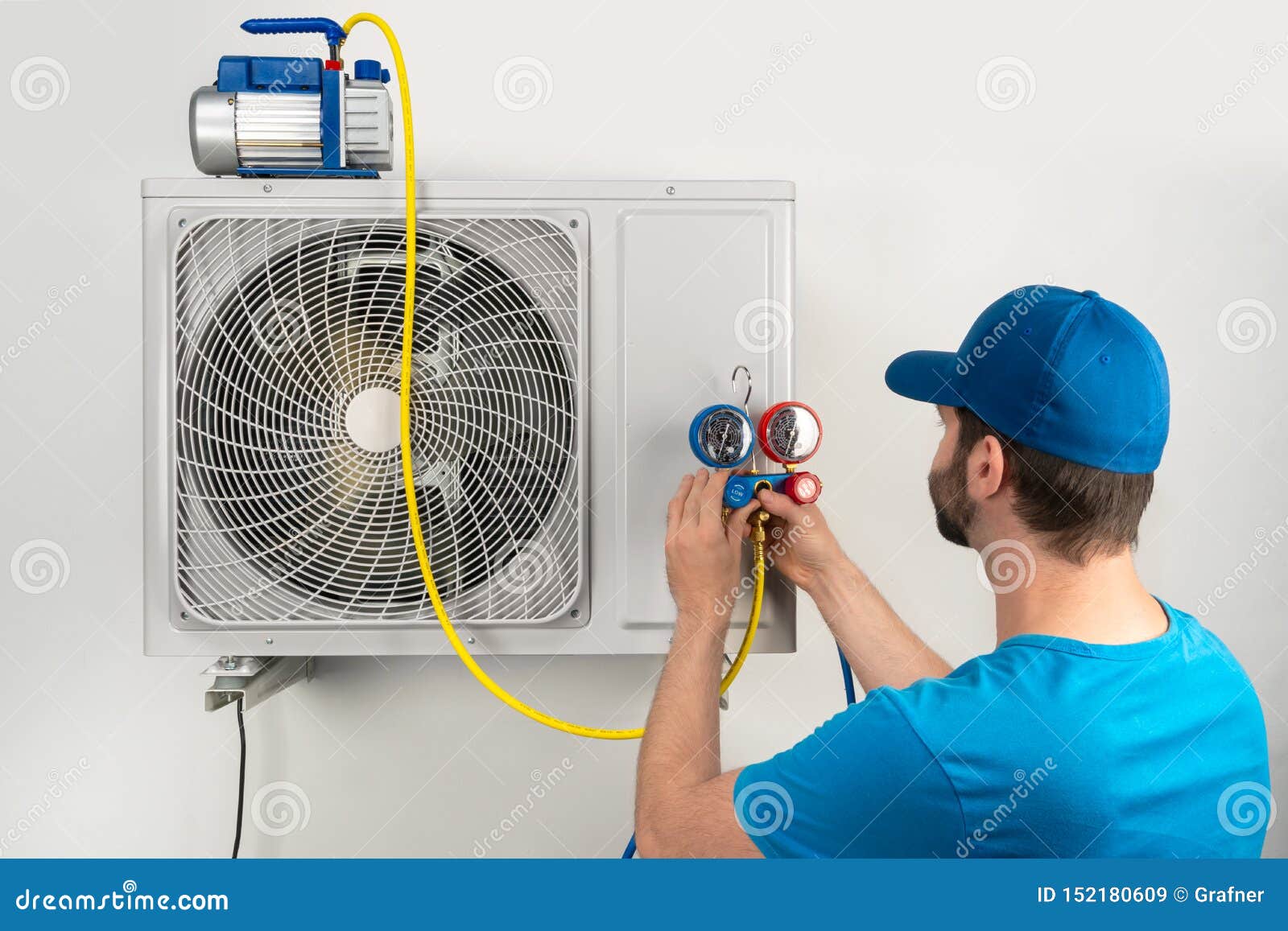 installation service fix  repair maintenance of an air conditioner outdoor unit, by cryogenist technican worker evacuate the