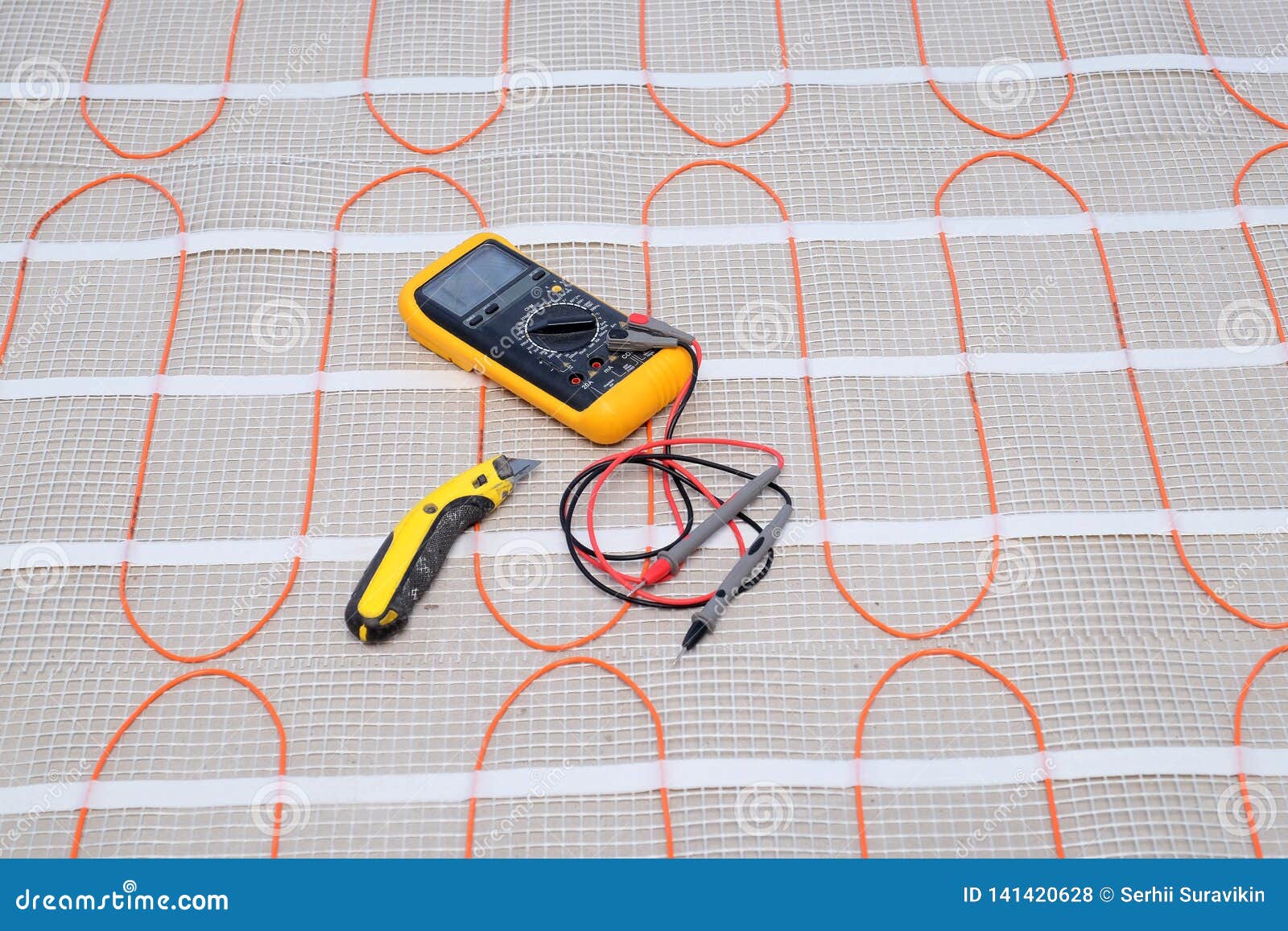Installation Tools on Heating Cable for Warm Floor Closeup Stock Photo