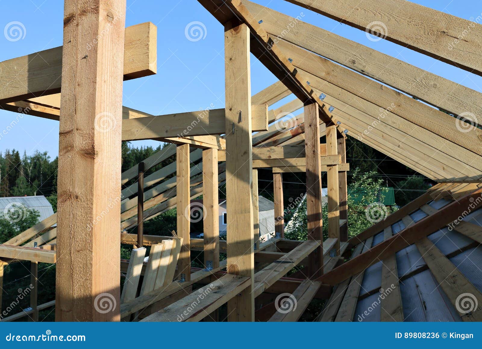 Installation Of Wooden Beams At Construction Stock Photography 89808236
