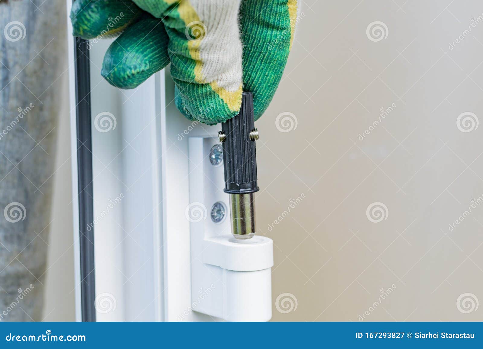 The Installer Installs and Adjusts the Plastic Door Stock Image Image