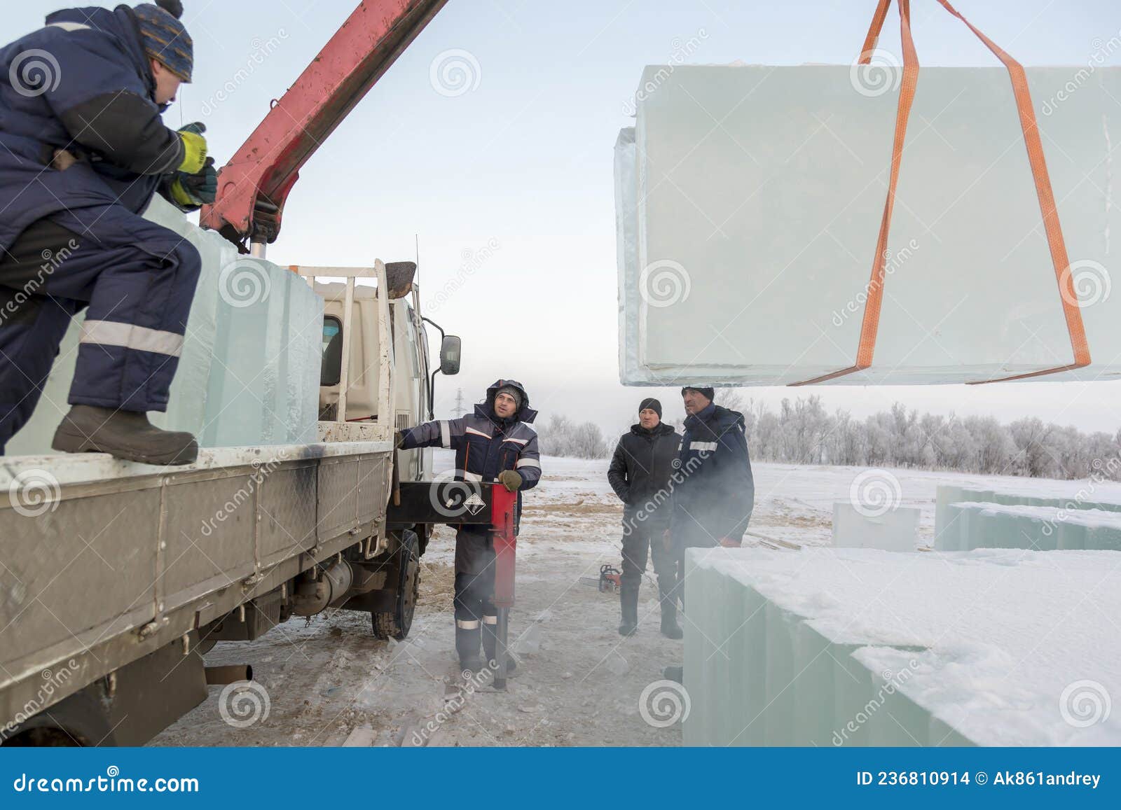 Installers Unloading Ice Blocks for an Ice Town Stock Photo Image of