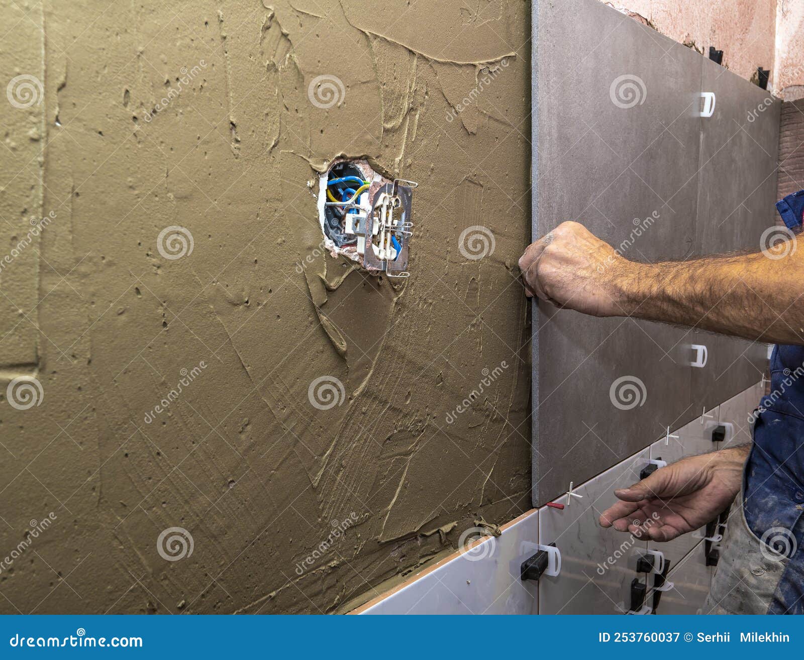 Installing Ceramic Wall Tiles with Tile Levelers Stock Image Image of