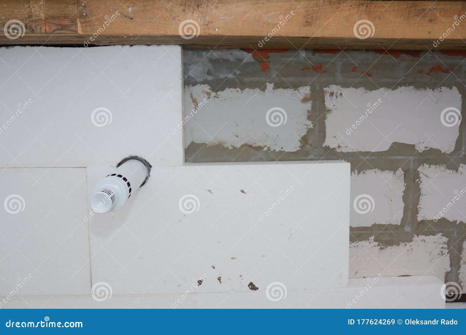 Installing Rigid Polystyrene Foam Board Insulation With Adhesive Or Glue On A Brick Wall With A Ventilation Pipe Stock Image Image Of Adhesive Concrete 177624269