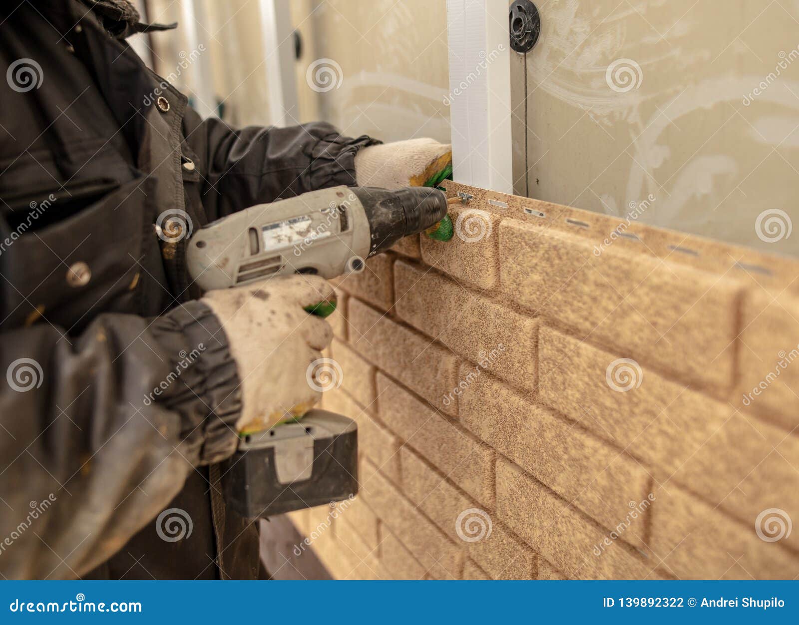 Installation of Plastic Siding Under the Brick Stock Photo Image of