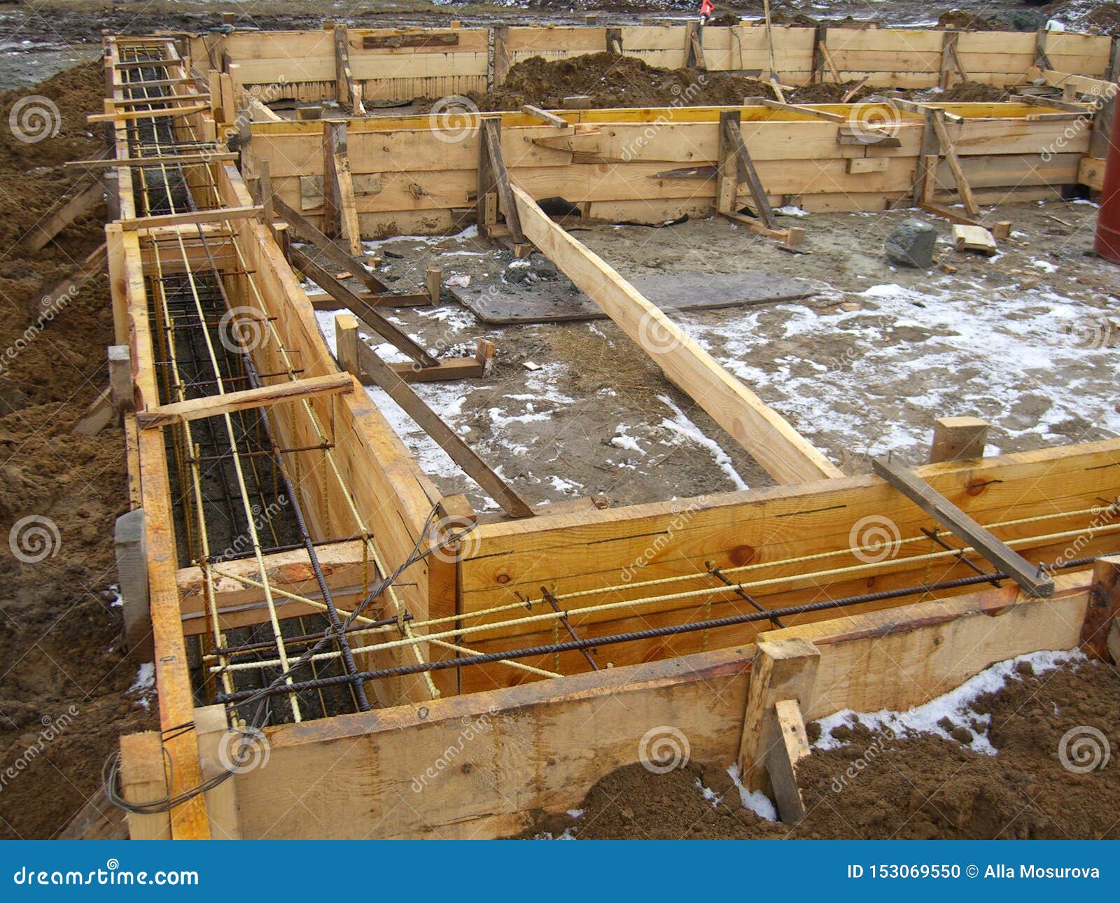 Installing Wooden Forms For Pouring The Foundation Concrete Trench