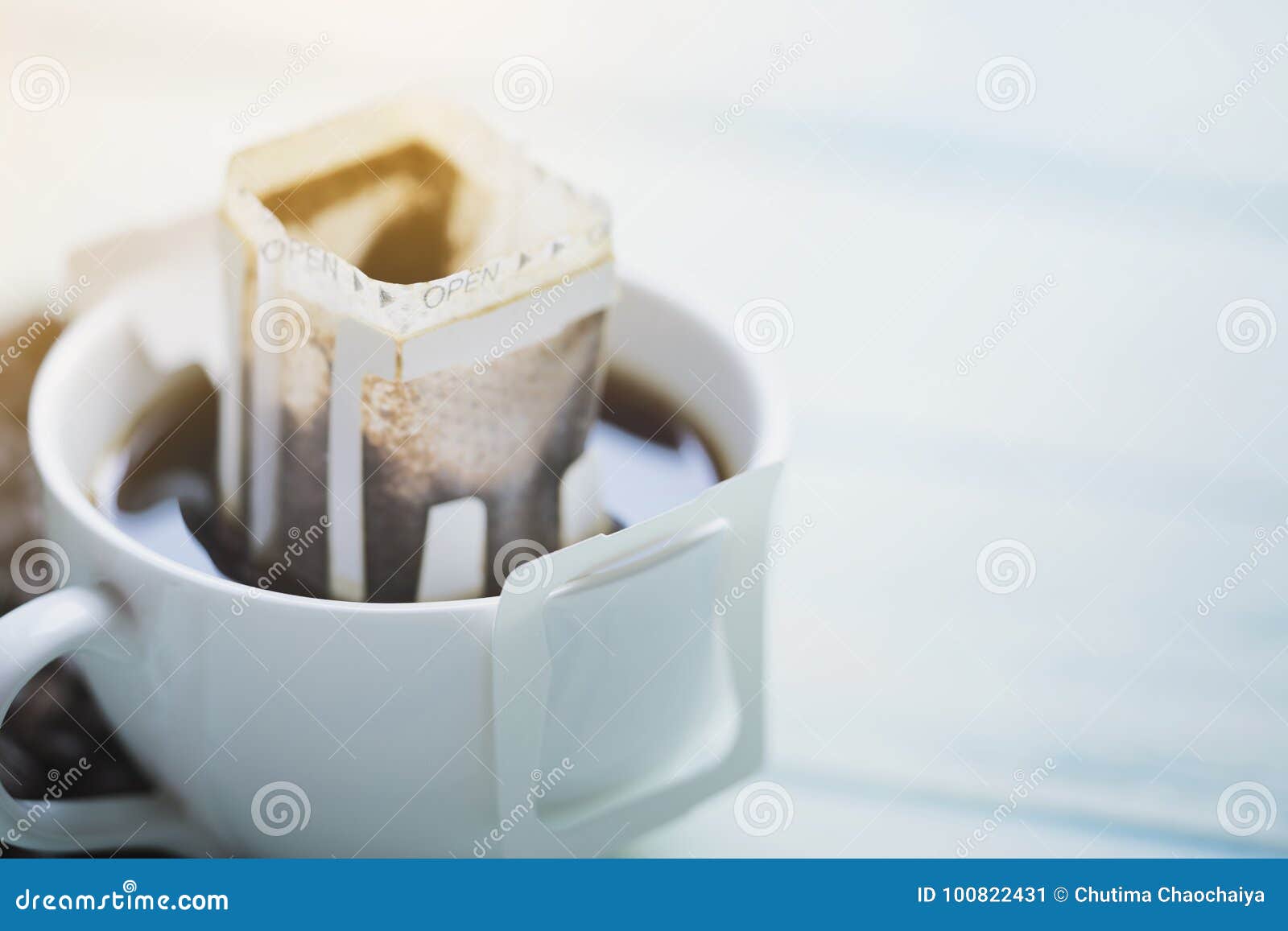 Instant Freshly Brewed Cup of Coffee,Drip Bag Fresh Coffee Stock Image