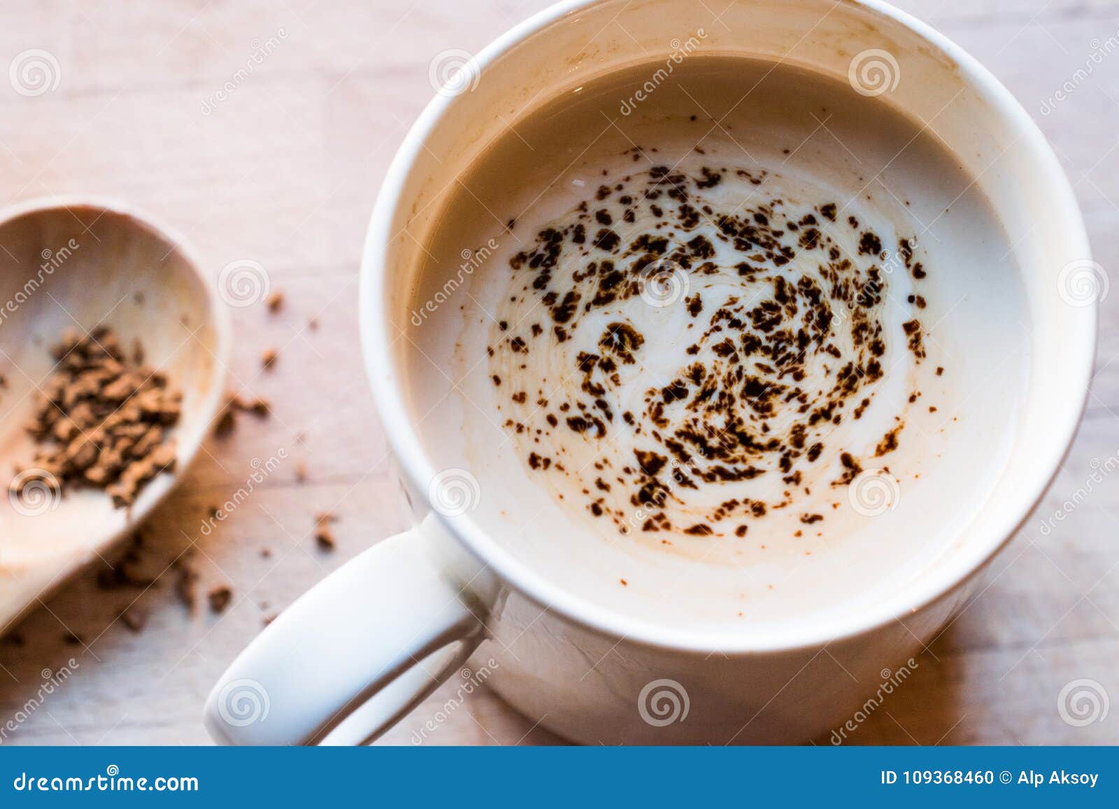 Instant Granulated Coffee Powder with Milk in Cup Stock Photo - Image