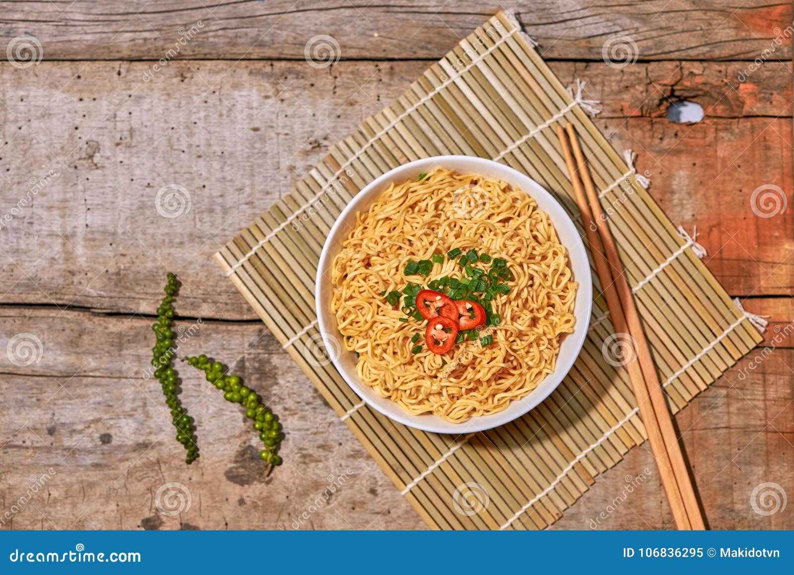 Instant Noodle in Bowl Cooked Spicy Taste Topping with Eggs Stock Image