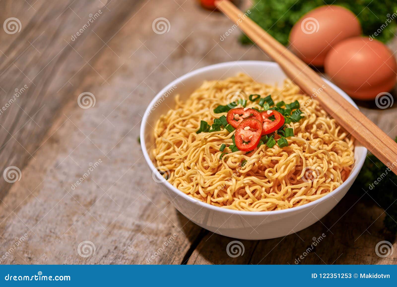 Instant Noodle in Bowl Cooked Spicy Taste Topping with Eggs Stock Image