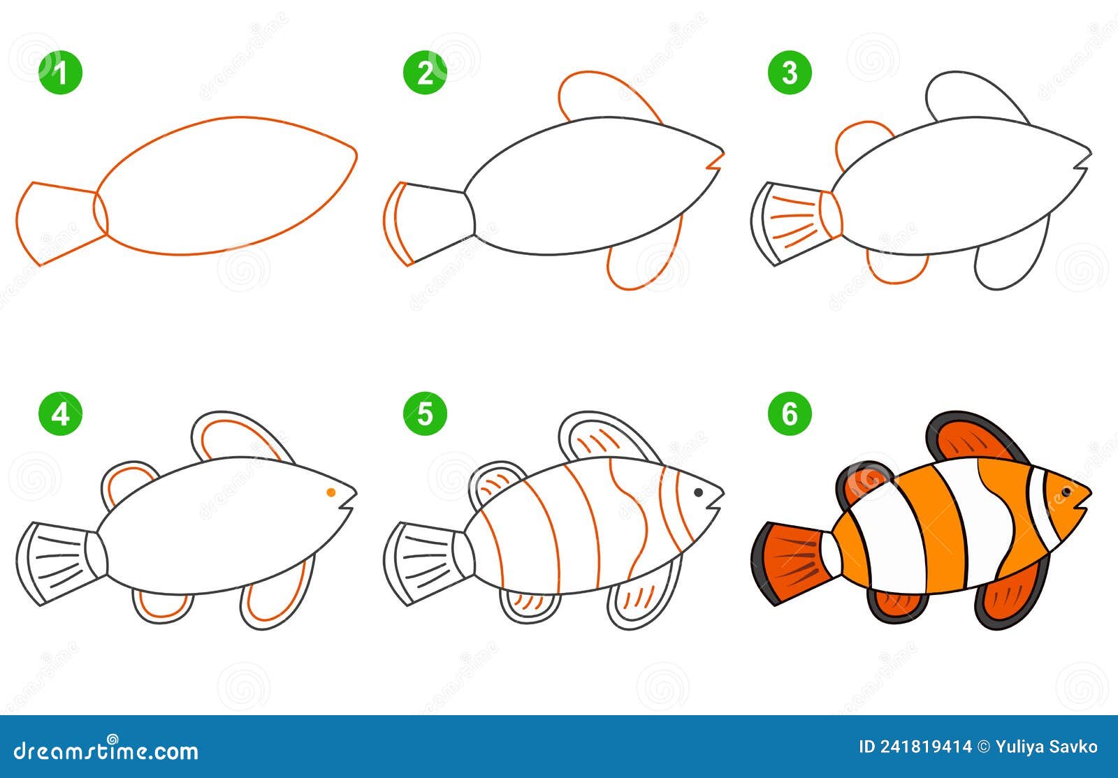 instruções para desenhar peixes fofos. siga o passo a peixes. planilha para  criança aprendendo a desenhar recife de coral. jogo para página de vetor  infantil. esquema para desenhar peixes. ilustração vetorial 10933463