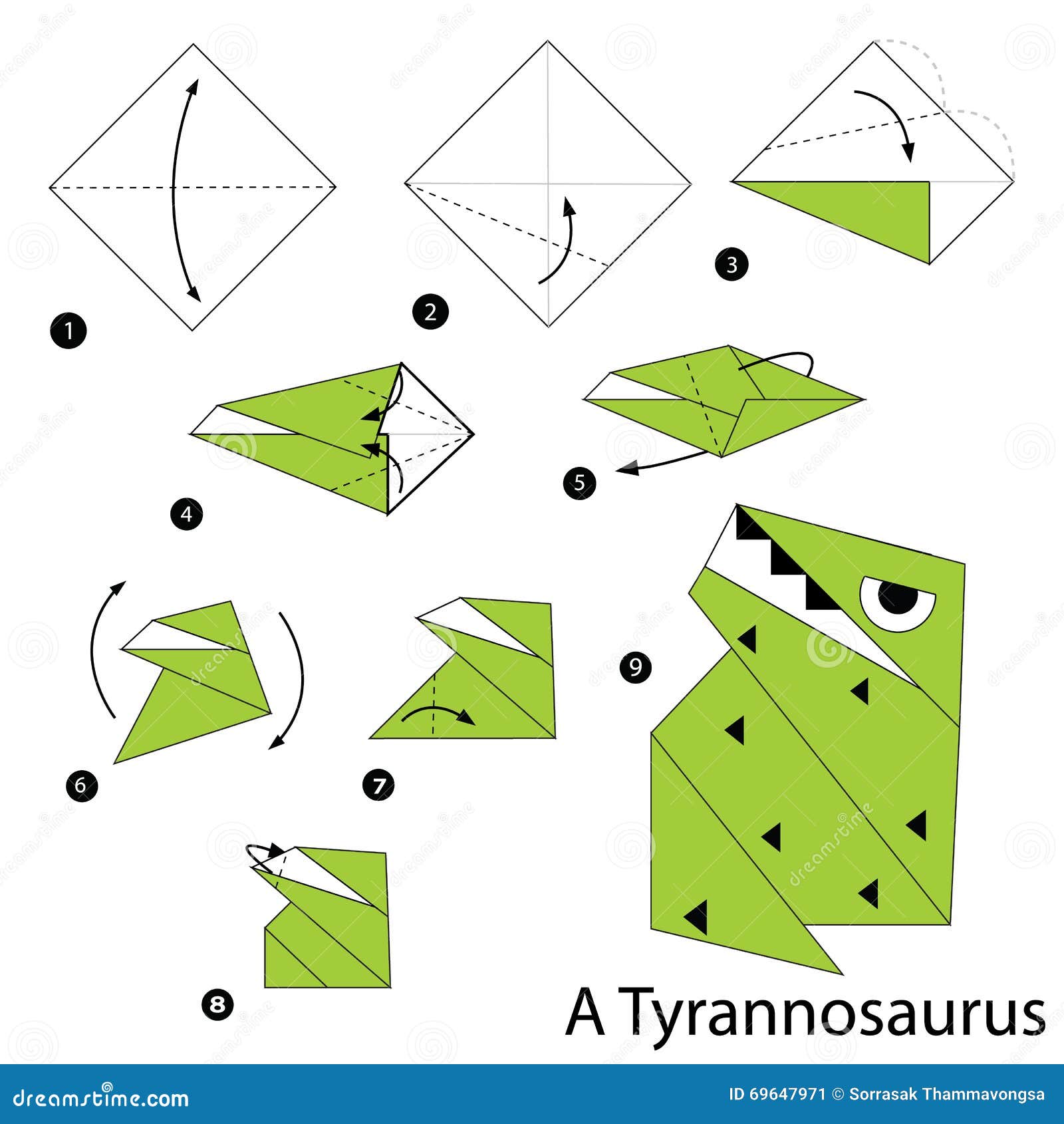Instrucciones Paso a Paso Cómo Hacer Papiroflexia Un Dinosaurio Ilustración  del Vector - Ilustración de papel, juguete: 69647971