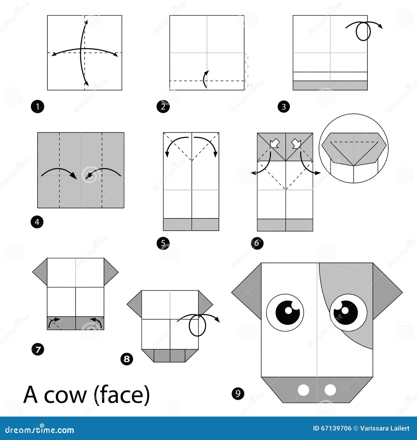 Instrucciones Paso a Paso Cómo Hacer Papiroflexia Una Vaca Ilustración