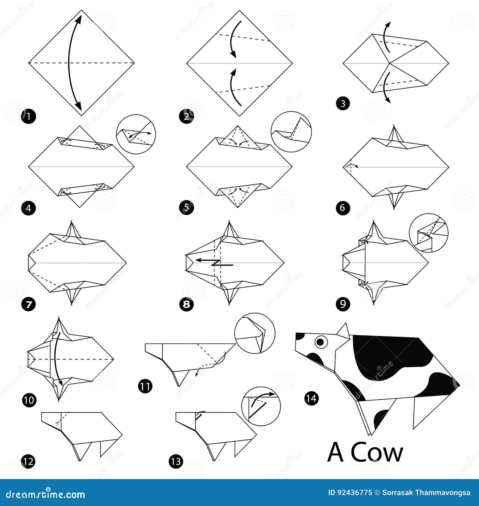 Instrucciones Paso a Paso Cómo Hacer Papiroflexia Una Vaca Ilustración
