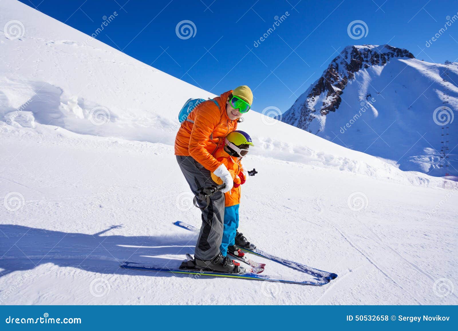 Instructor Give Ski Lesson To Little Boy Stock Photo - Image of goggles ...