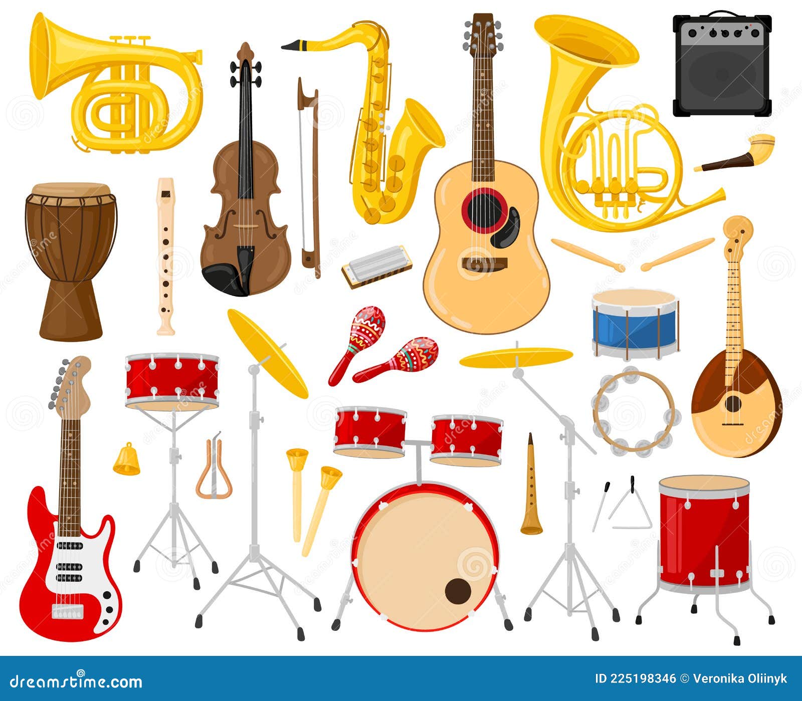 Instrumentos Musicales De Dibujos Animados. Guitarras De Instrumentos  Acústicos Y Eléctricos Tambores De Vectores De Violín Saxofó Ilustración  del Vector - Ilustración de altavoz, historieta: 225198346