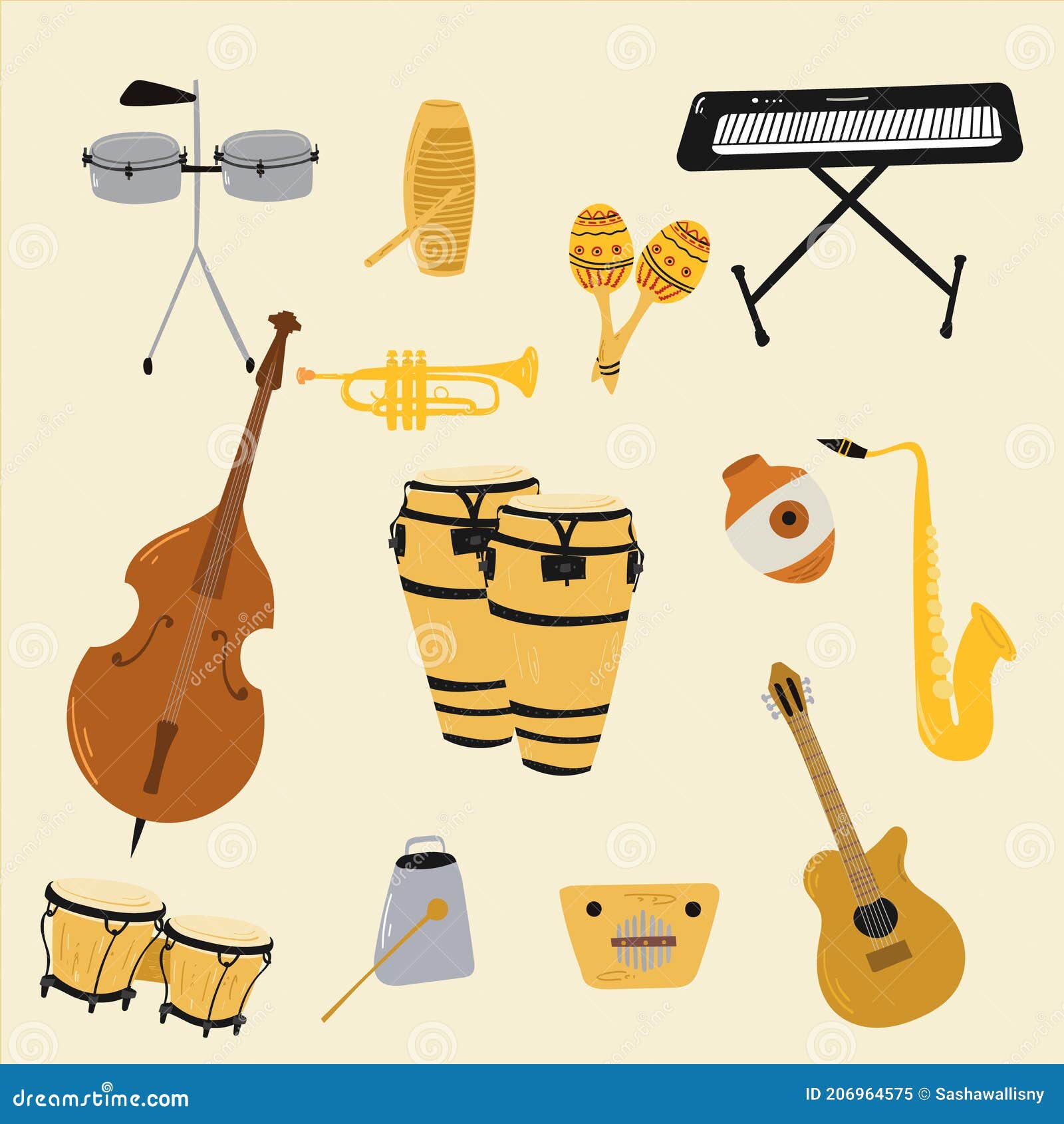 Instrumentos Musicales De Salsa. Bajo Doble Congas Bongos Guitarra Cuban  Tres Clave Botijuela Maracas Piano Stock de ilustración - Ilustración de  cubano, enclave: 206964575