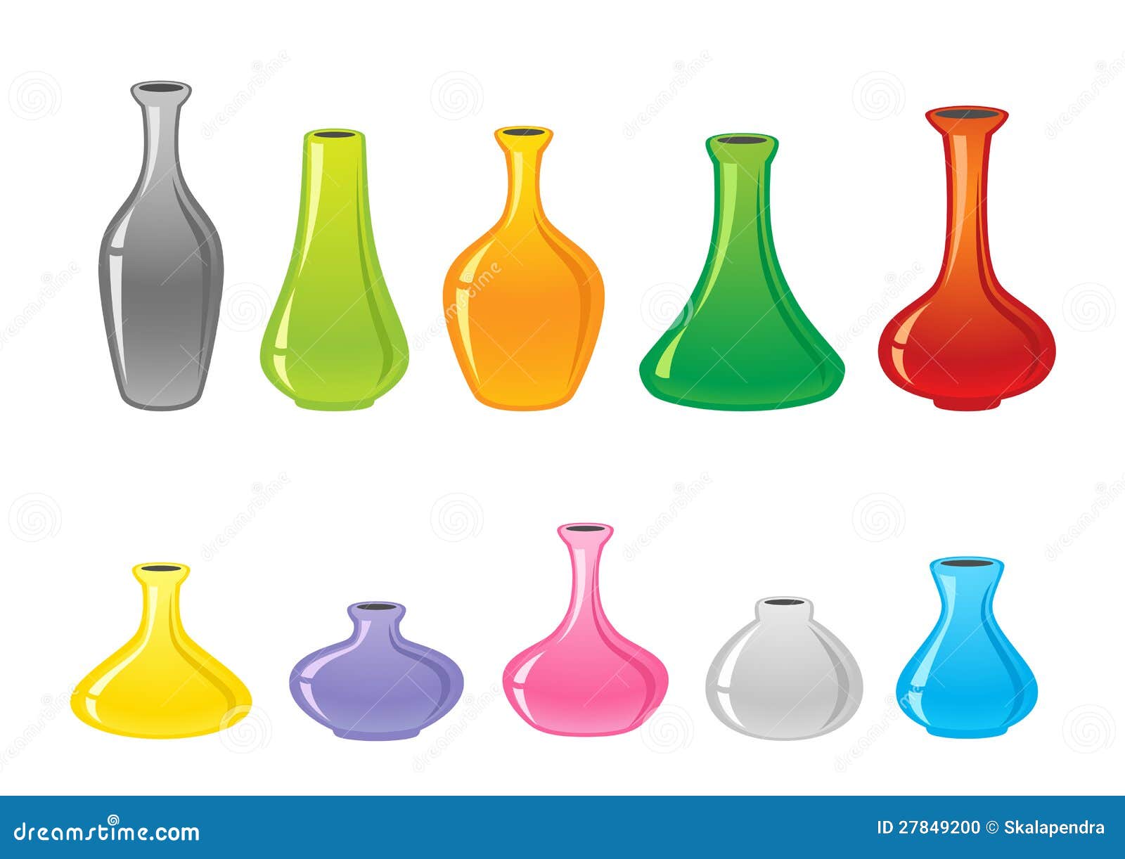 Inställda färgrika vases. Färgrika vases som ställs in på en vit bakgrund