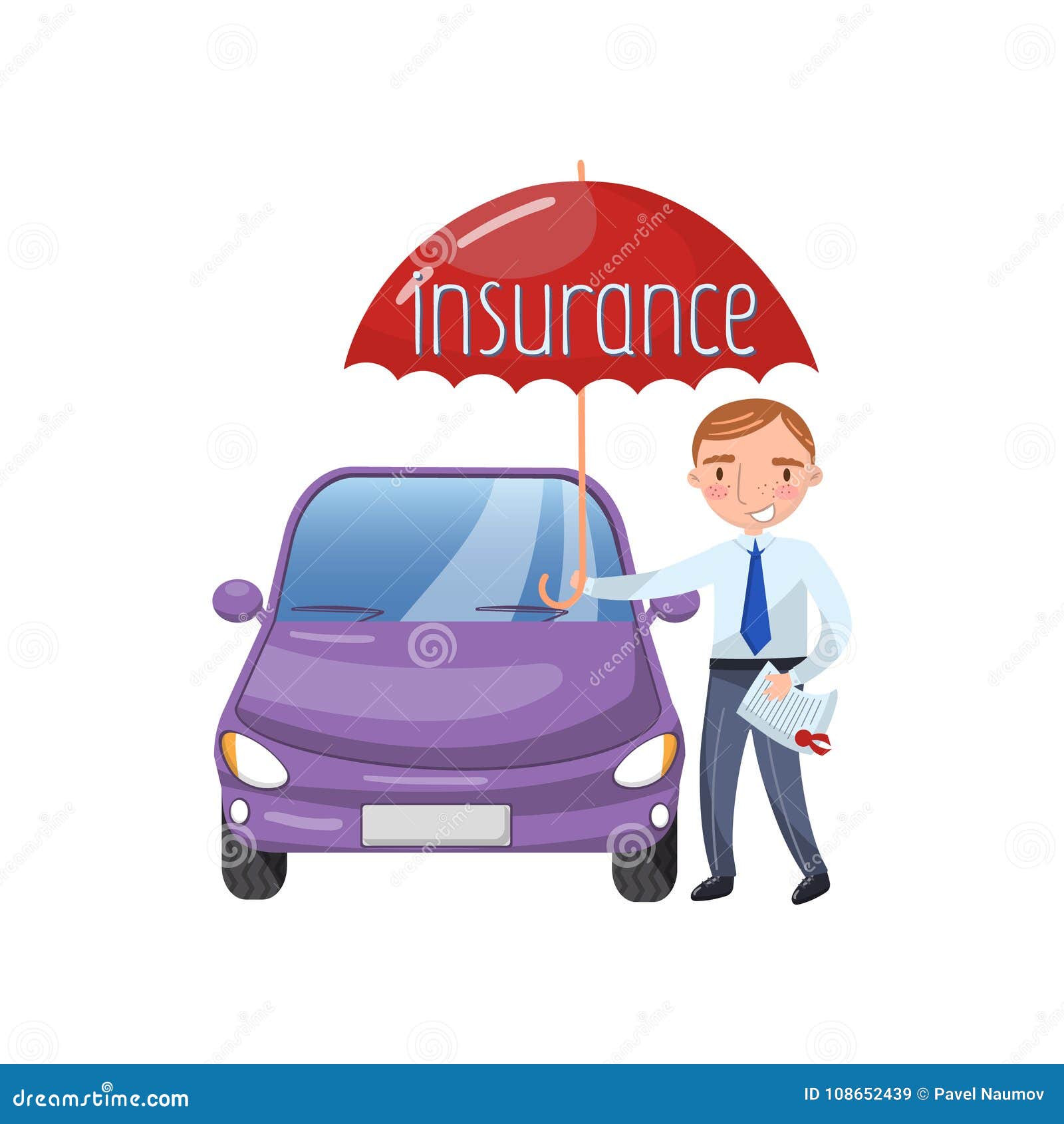 Insurance Agent Standing with Umbrella Protecting Car, Auto Insurance