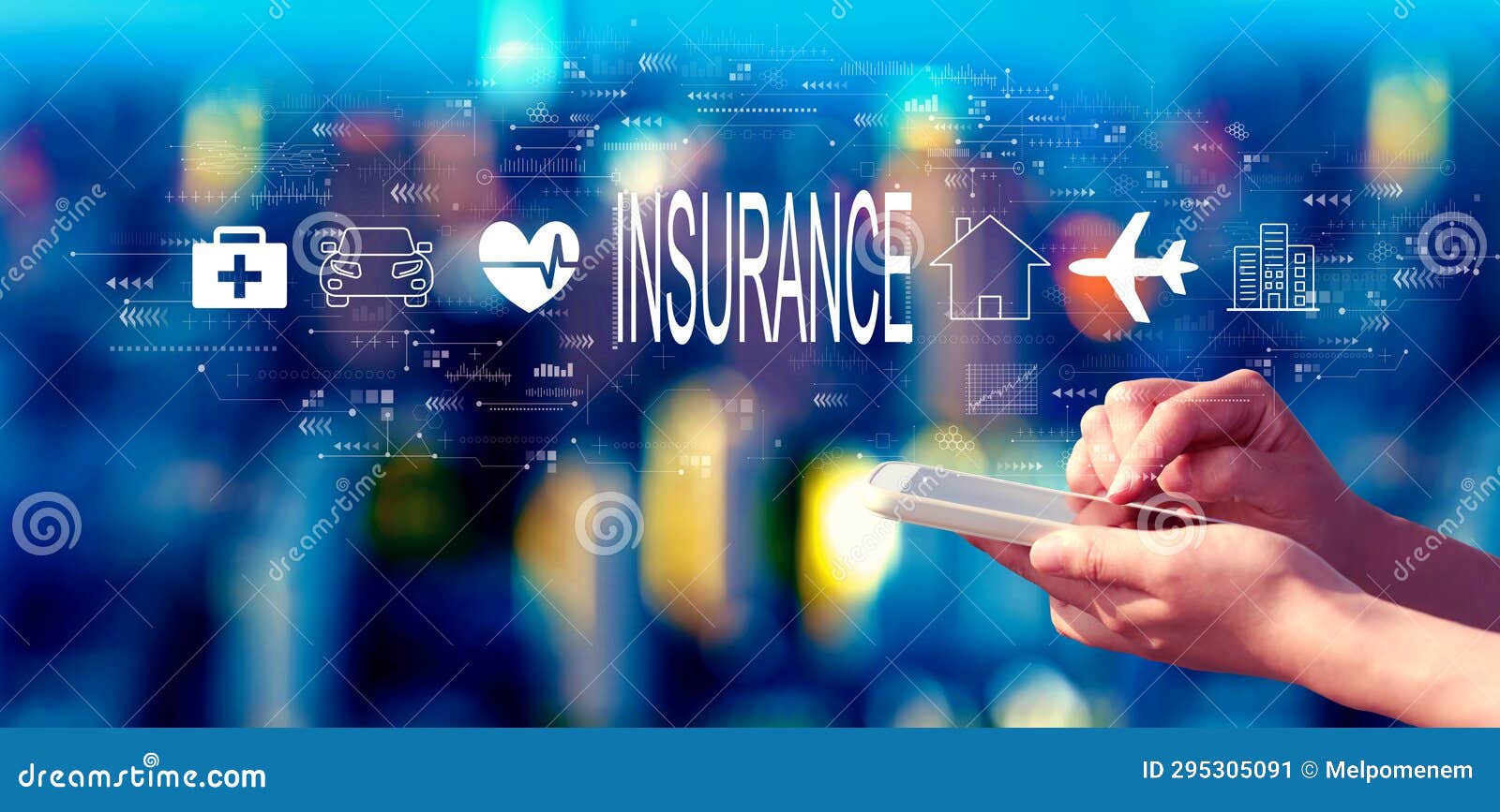 Insurance Concept with Person Using a Smartphone at Night Stock Image