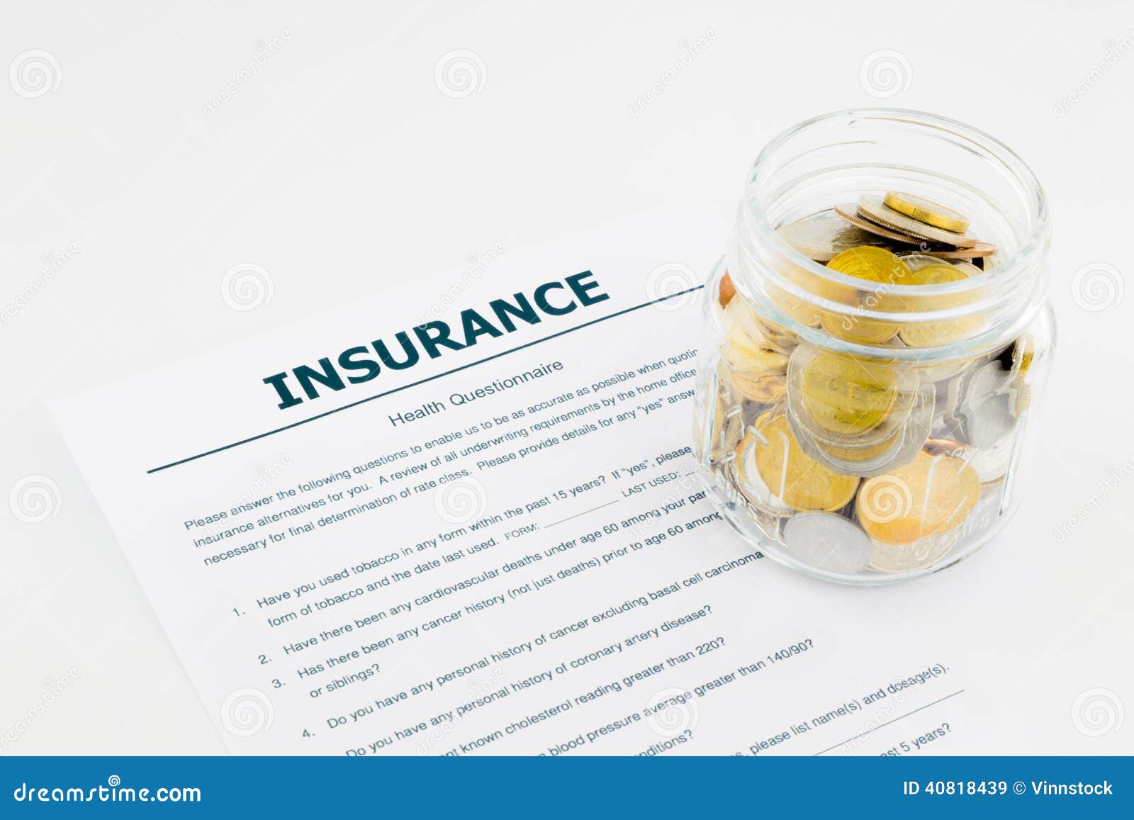 Insurance Health Questionnaire and Coins Stock Image Image of