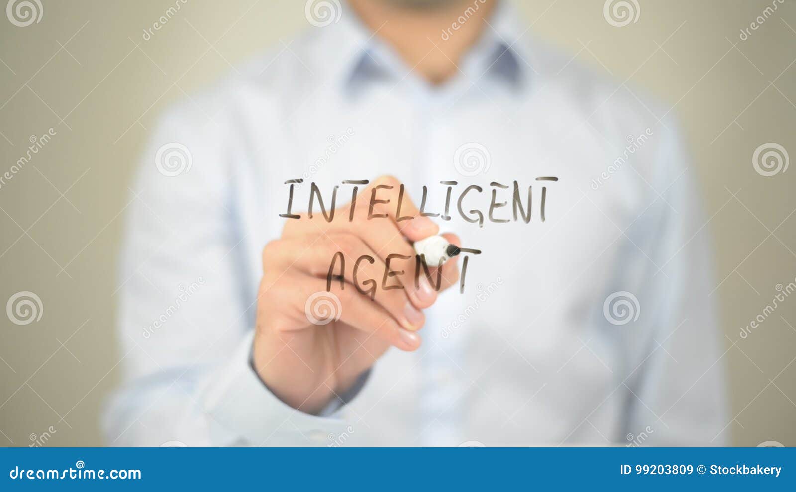 intellegent agent , man writing on transparent screen