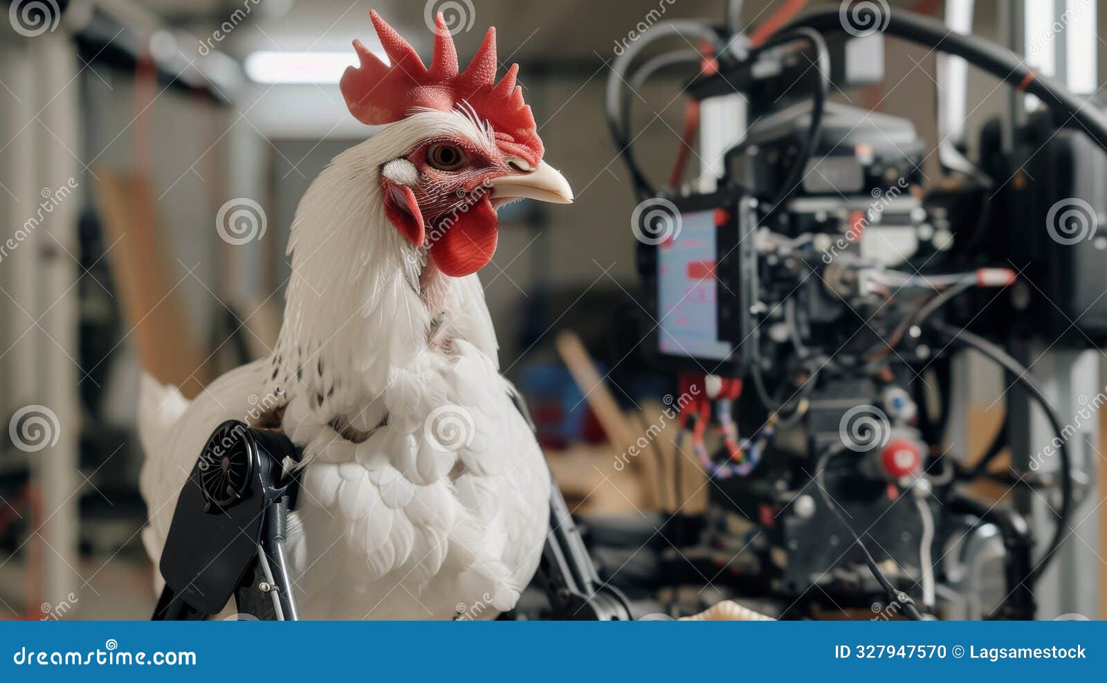 an intelligent chicken robot interacting with various technology in a farm house