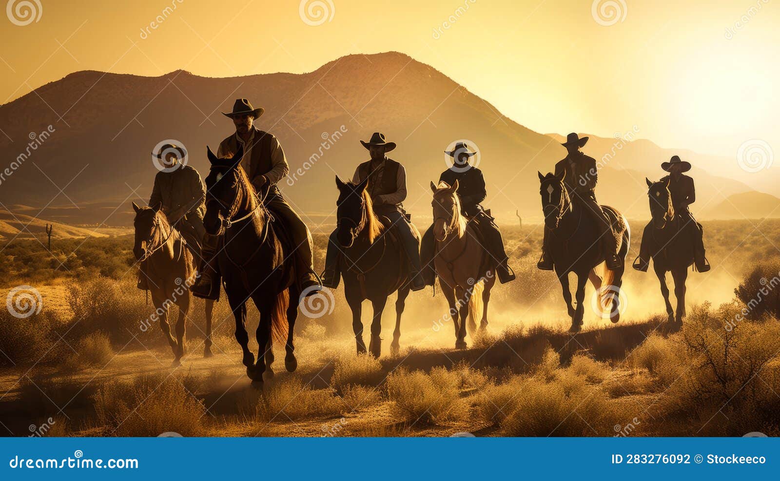 intense and dramatic lighting: five cowboys riding horses through the desert