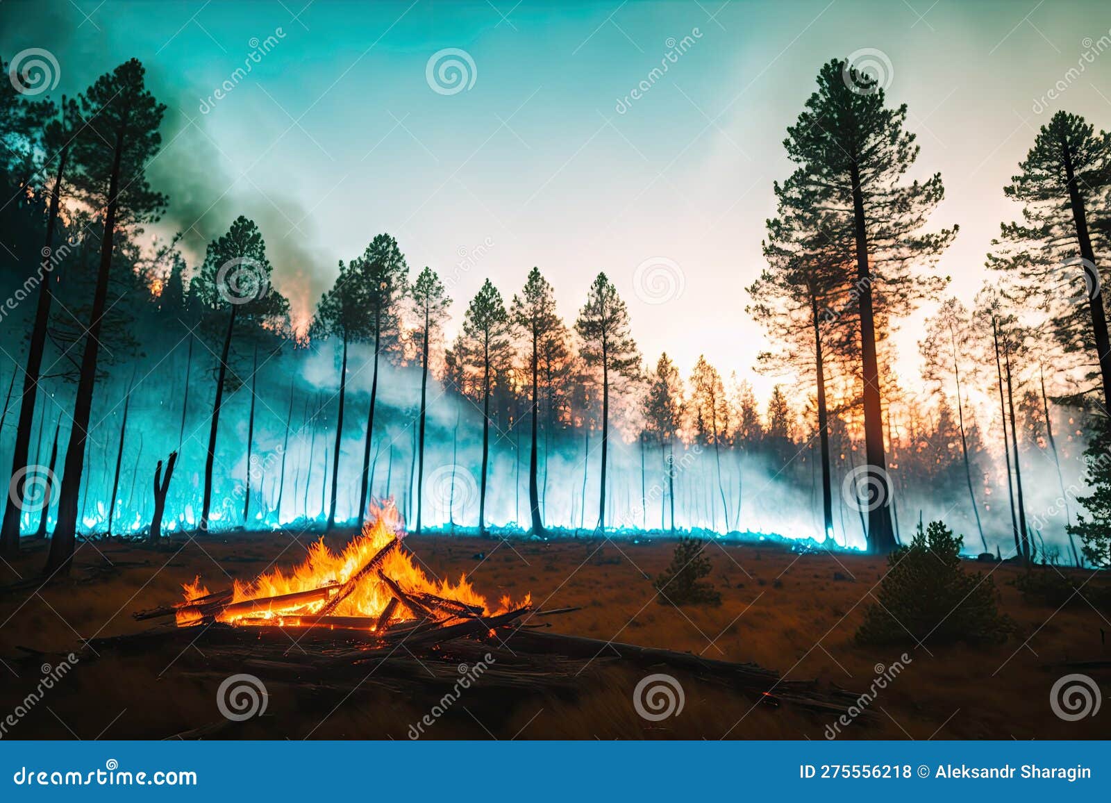 intense flames from a massive forest fire, generative ai. flames light up the evening as they rage thru pine forests and sage