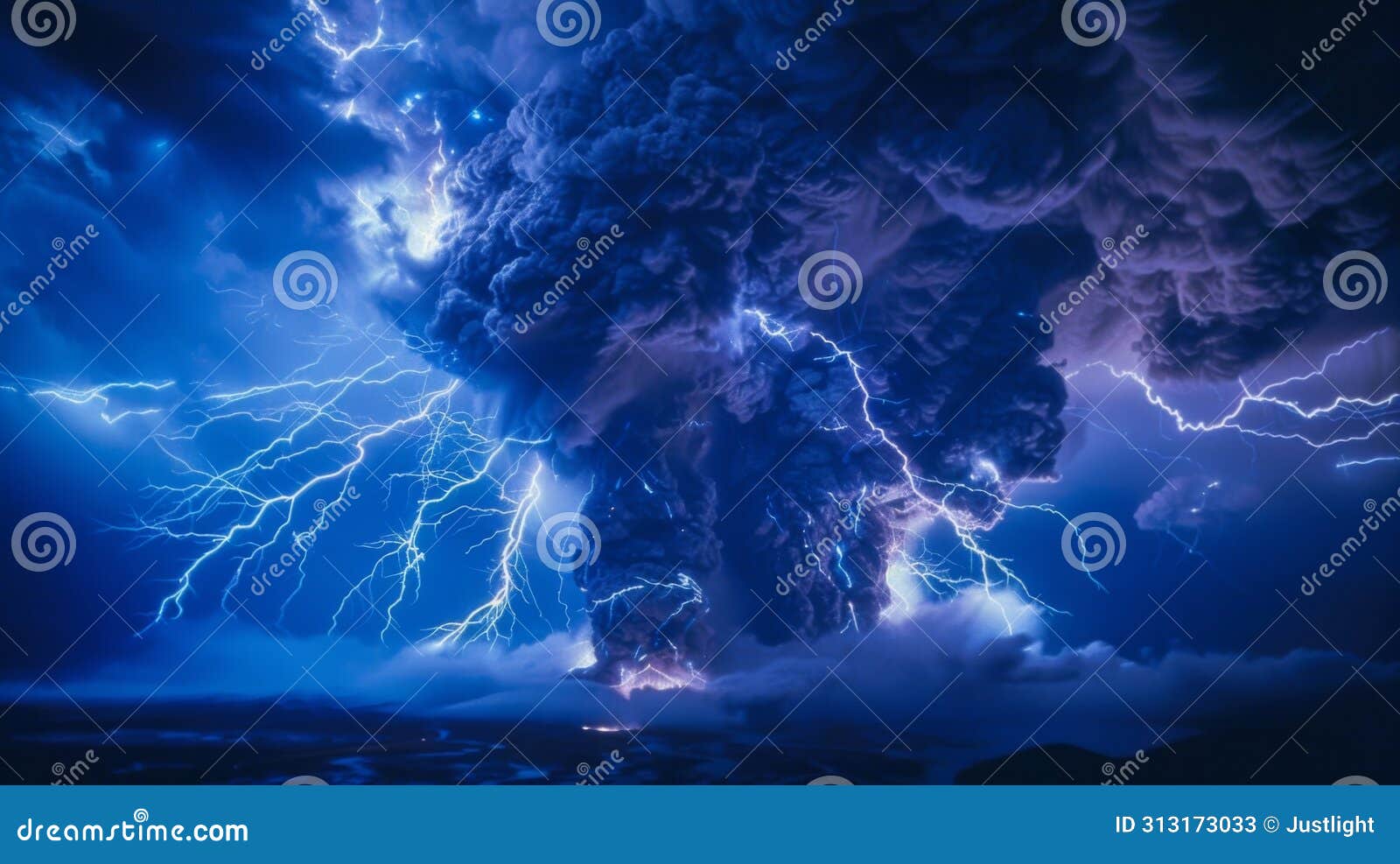 intense flashes of blue lightning striking down from a billowing ash cloud as lava spews out from a raging volcano in