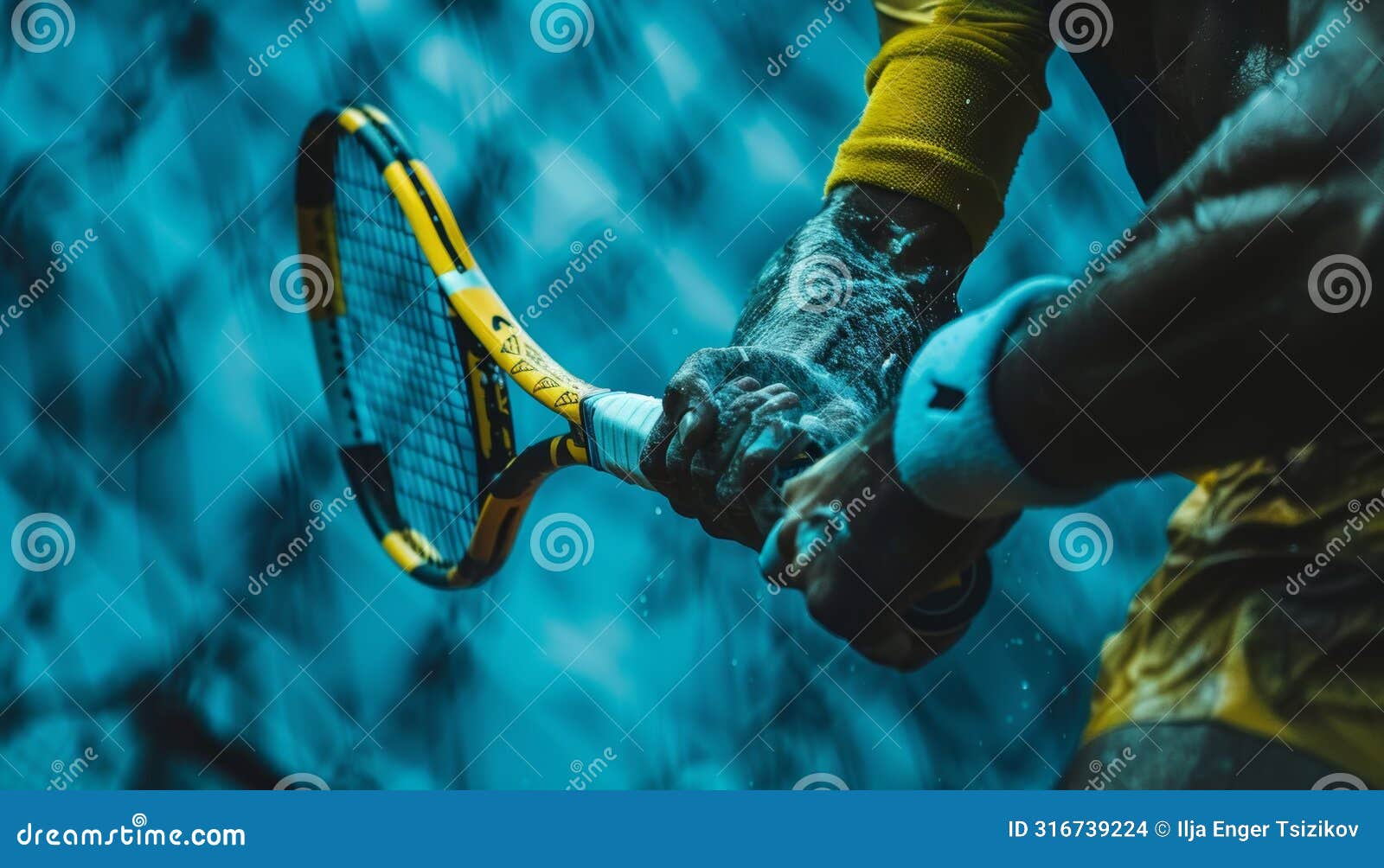 intense focus tennis player s hands grasping racket for forehand shot in summer olympics