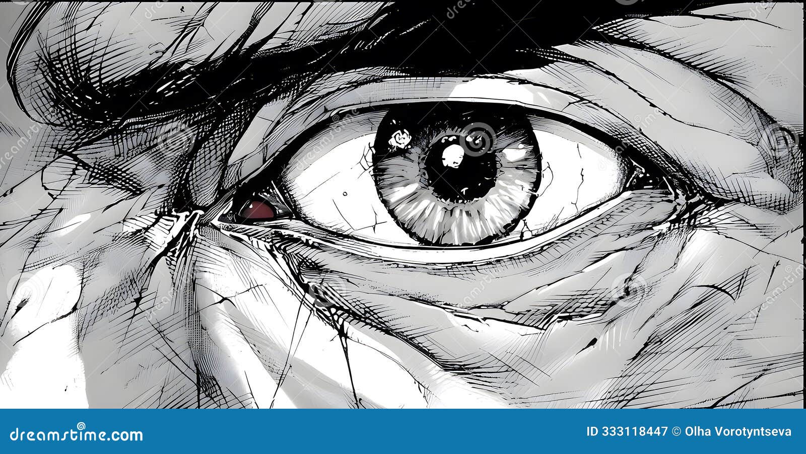 intense grayscale sketch of a close-up eye