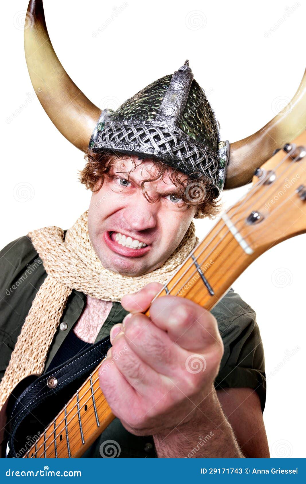 Intense Guitarist with Viking Helmet Stock Image Image of adult