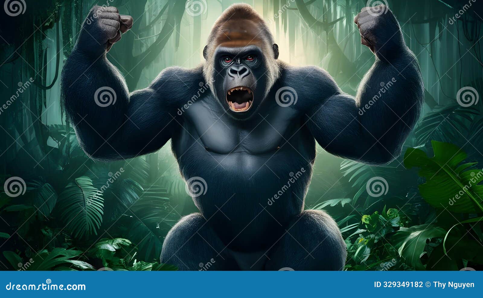 intense jungle scene: angry king kong gorilla screaming in forest