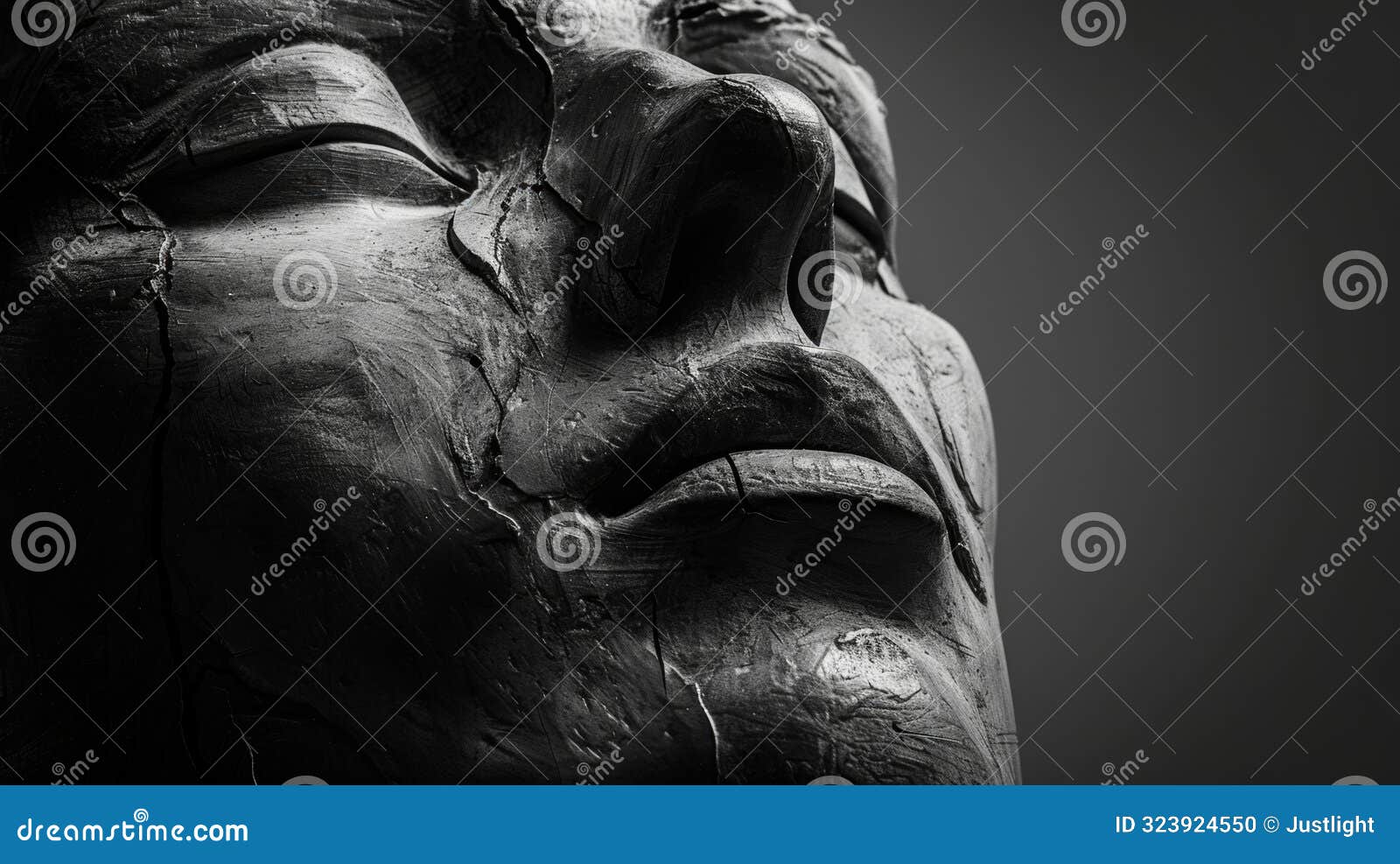 the intense and soulful expression of a face in sculpture heightened by the starkness of black and white. black and