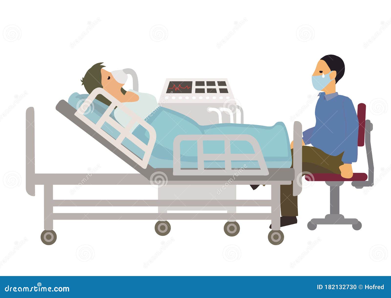 intensive care patient woman receiving oxygen from a ventilation in intensive care department ward with his sad husband
