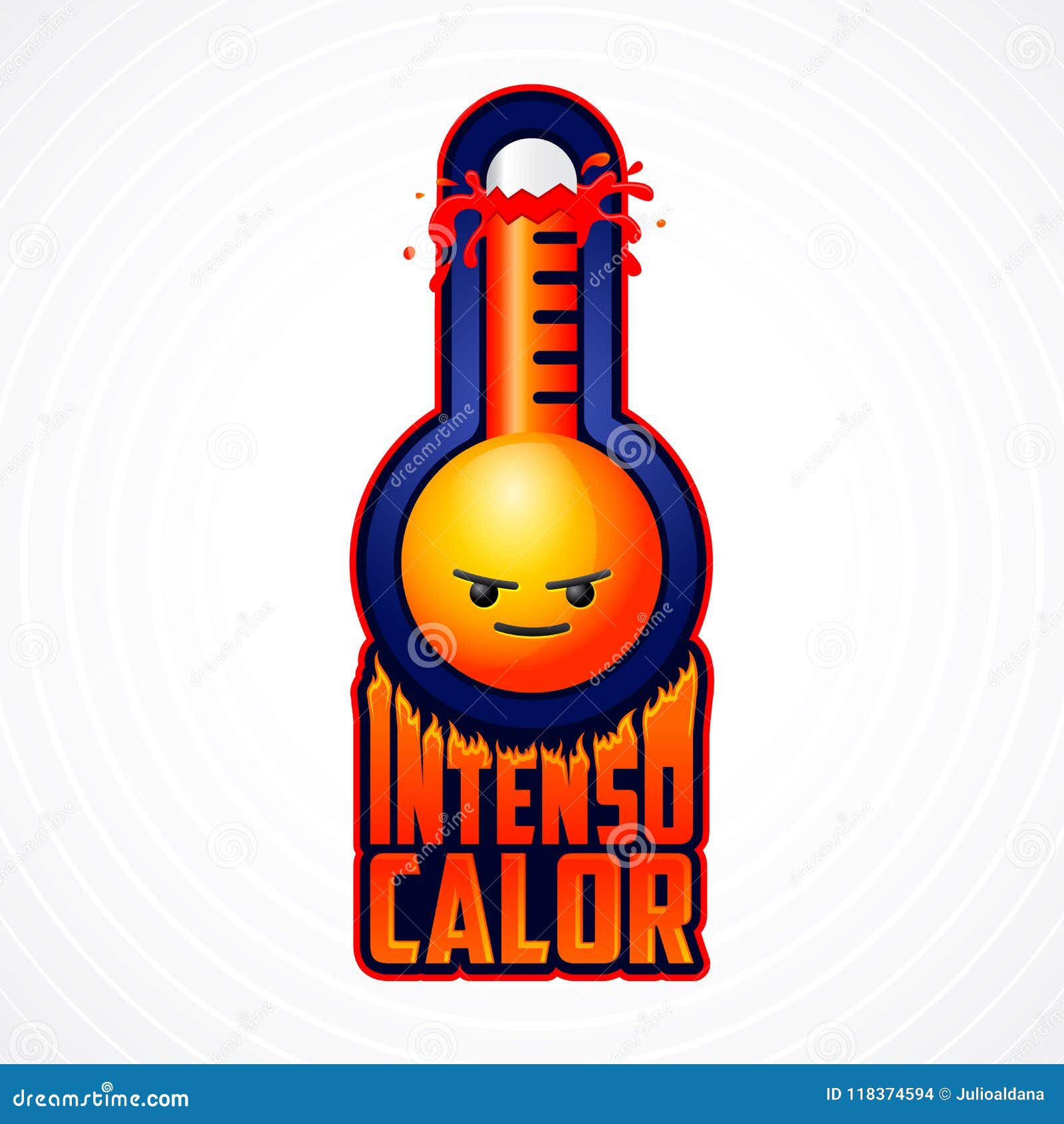 intenso calor, intense heat spanish text,  weather warning sign with evil cartoon face and flames.