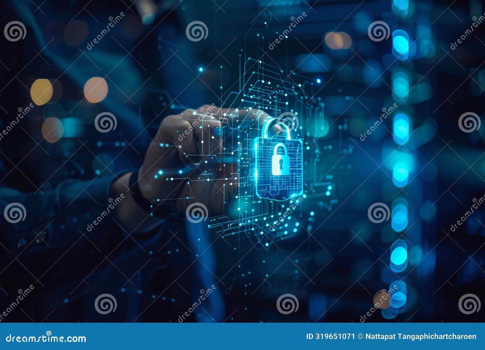 with intent the businessman hand hovers over the security padlock button on virtual screens, generated ai