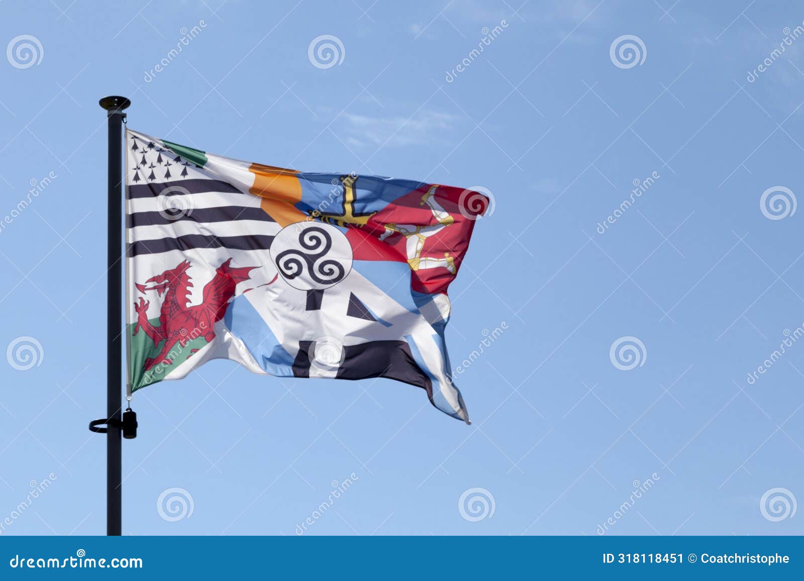 the interceltic flag waving in mid air