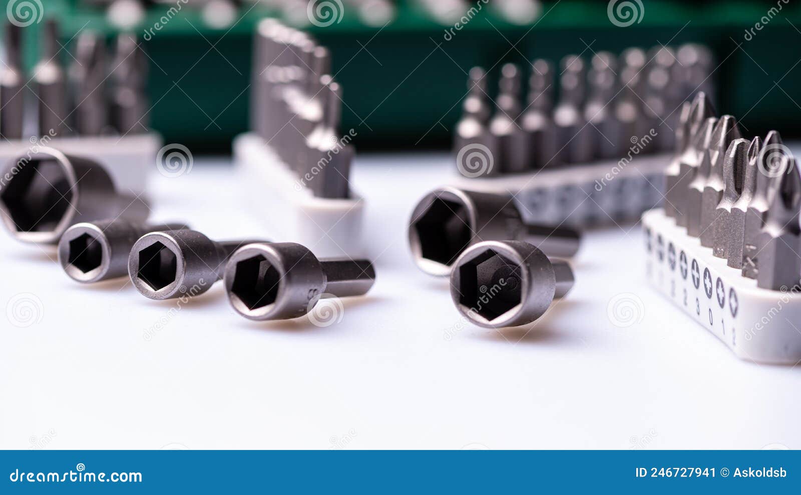 Interchangeable Screwdriver Bit Set, Isolated on White, Selective Focus, Dof, Closeup Stock