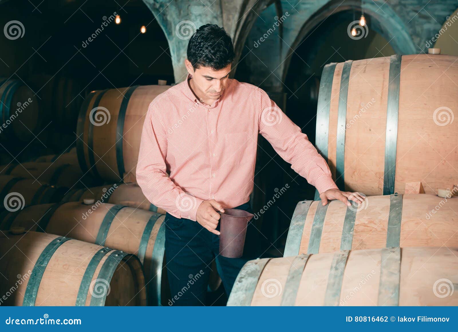 Interested Man Posing in Winery Cellar Stock Photo Image of
