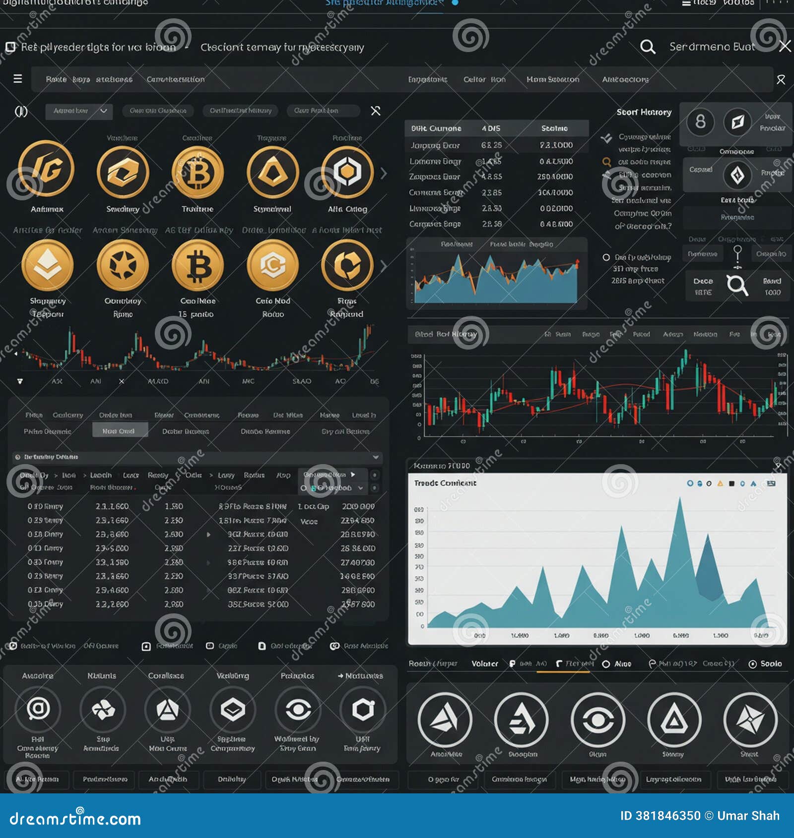 Interface Displaying a Cryptocurrency Trading Dashboard with Multiple  Panels. Stock Illustration - Illustration of rates, graphs: 381846350